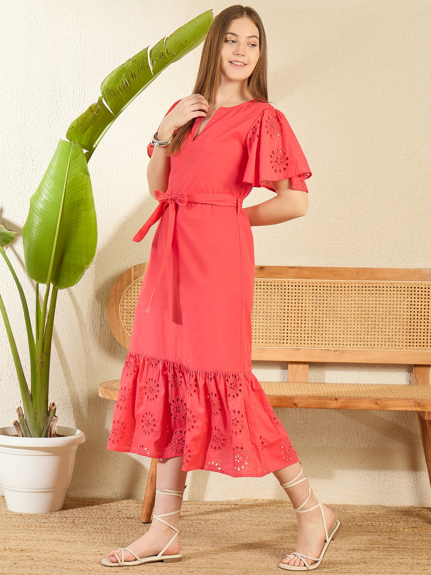 StyleStone Women's Red Cotton Schiffli Maxi Dress