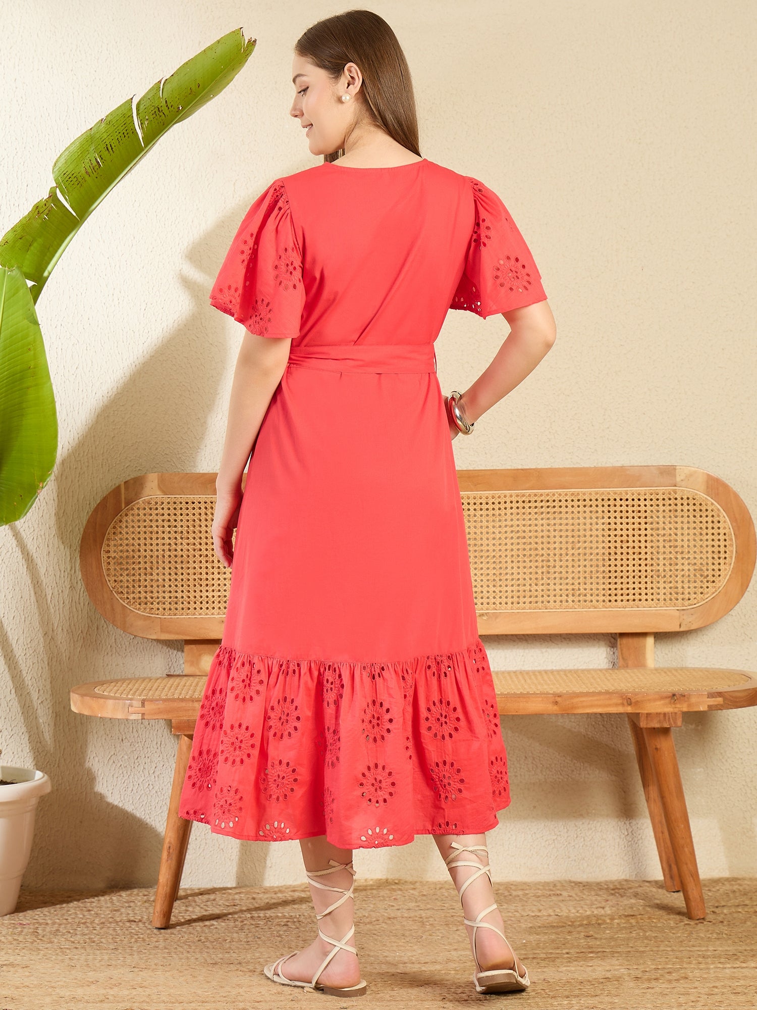 StyleStone Women's Red Cotton Schiffli Maxi Dress