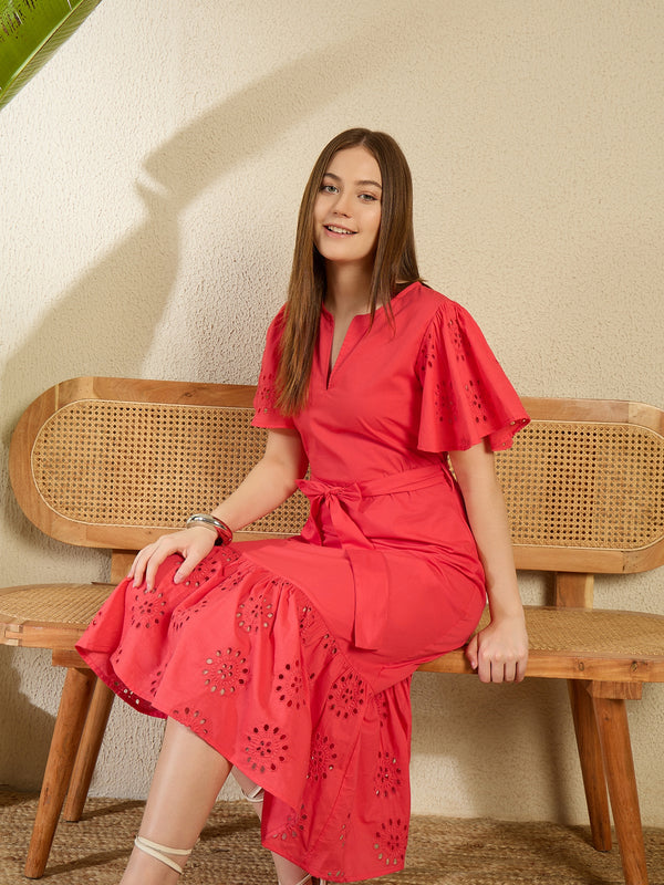 StyleStone Women's Red Cotton Schiffli Maxi Dress