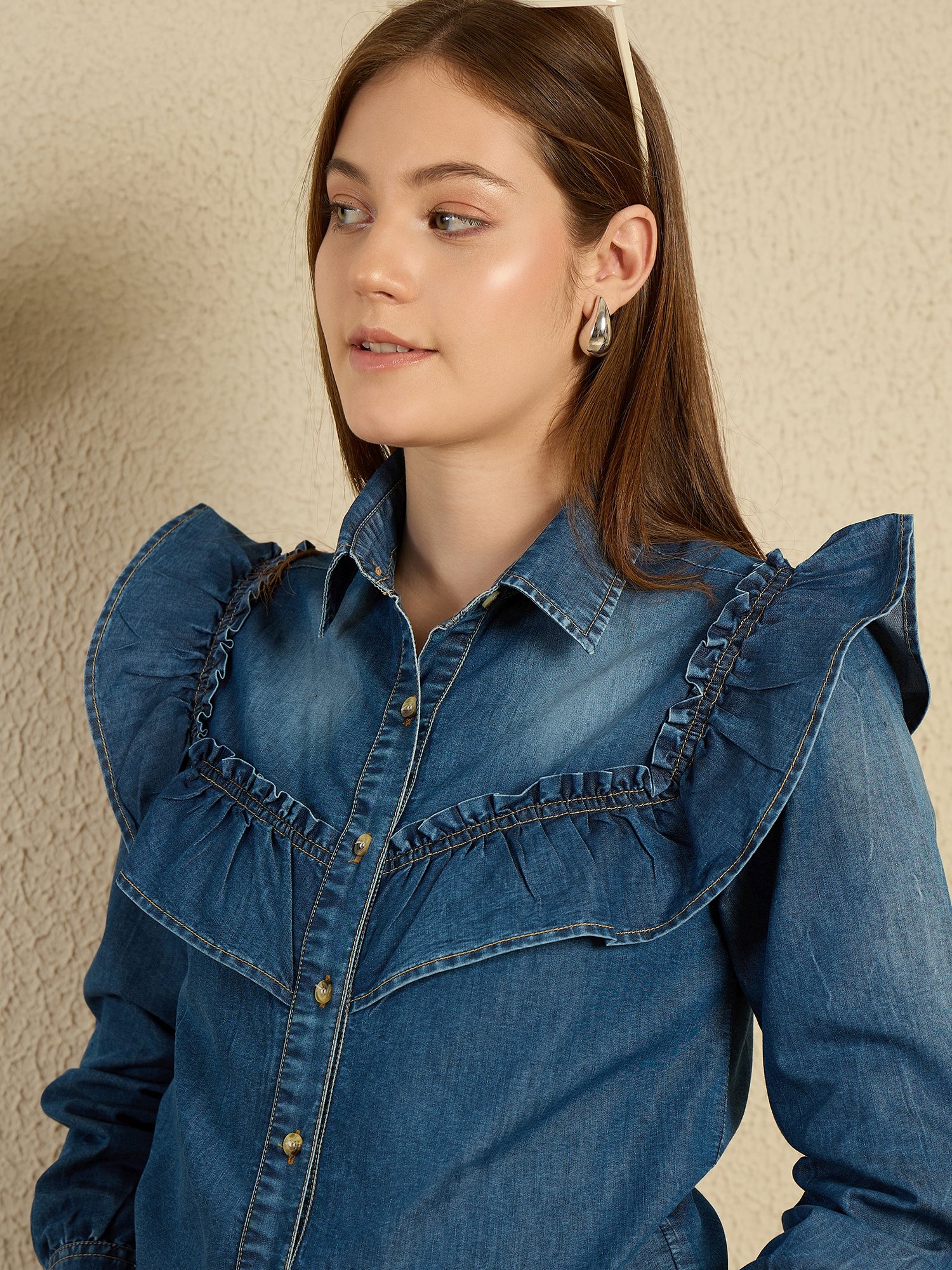 StyleStone Women's Front Placket Denim Shirt