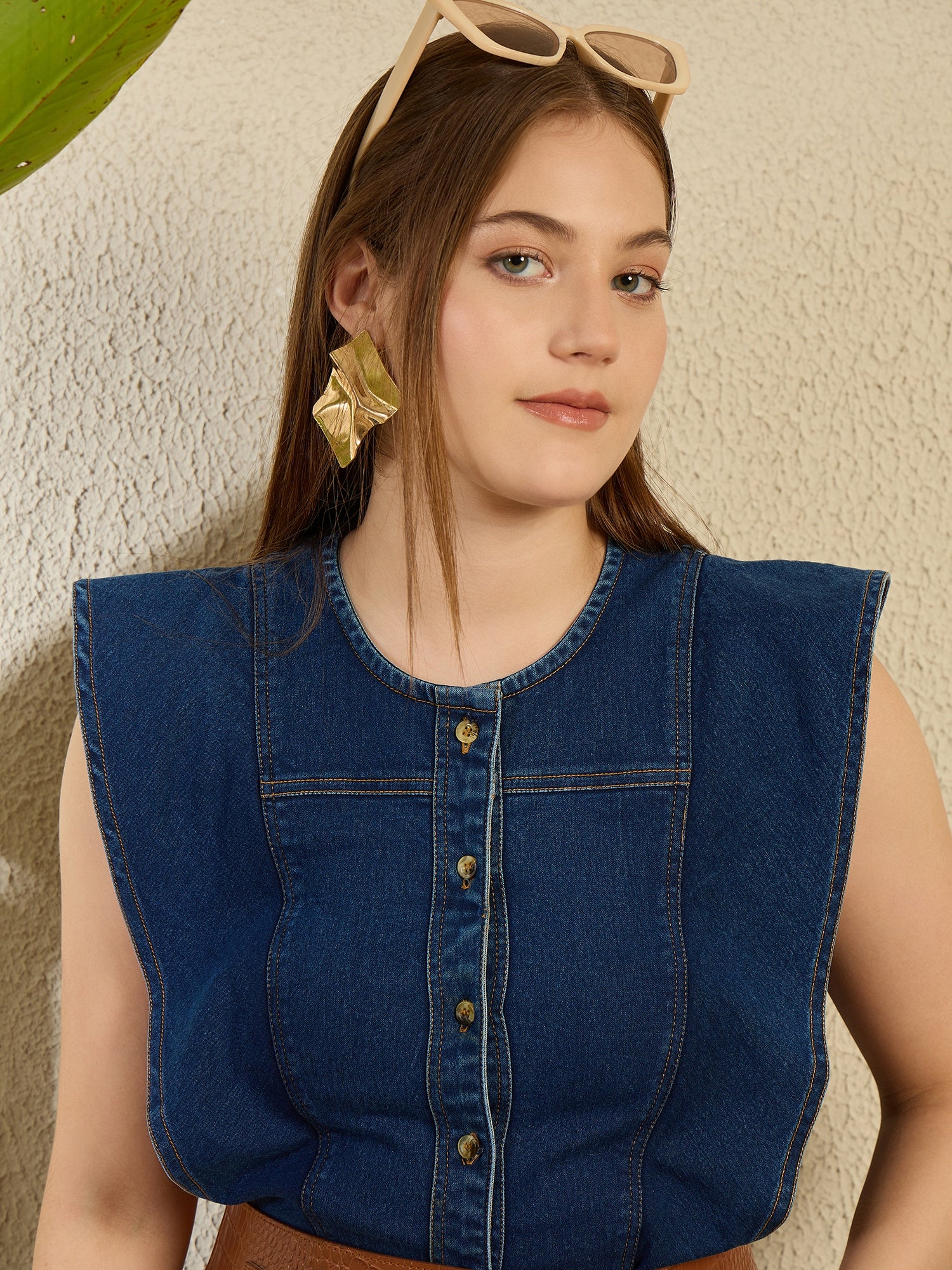 StyleStone Women's Denim Side Ruffle detail Top