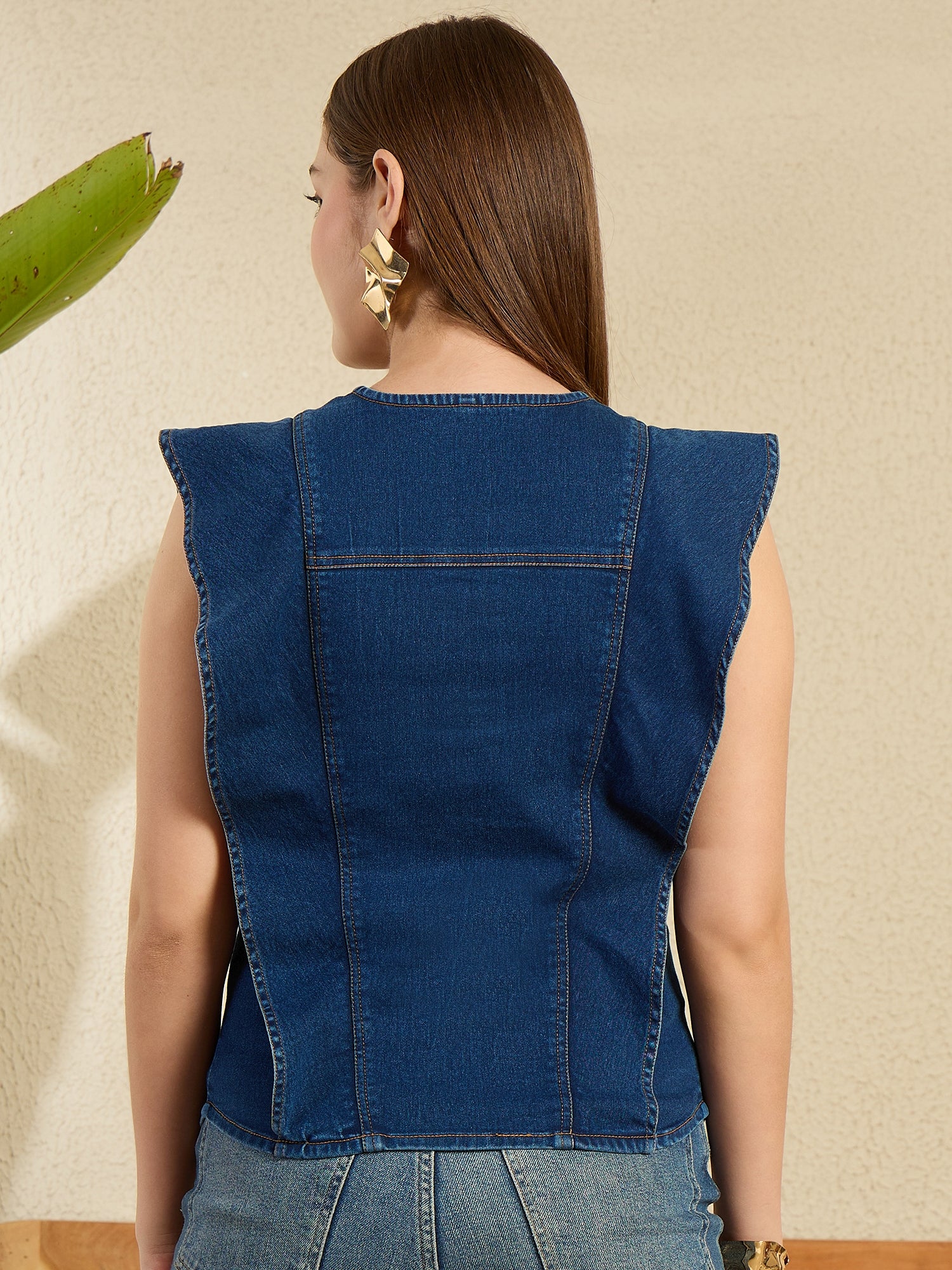StyleStone Women's Denim Side Ruffle detail Top