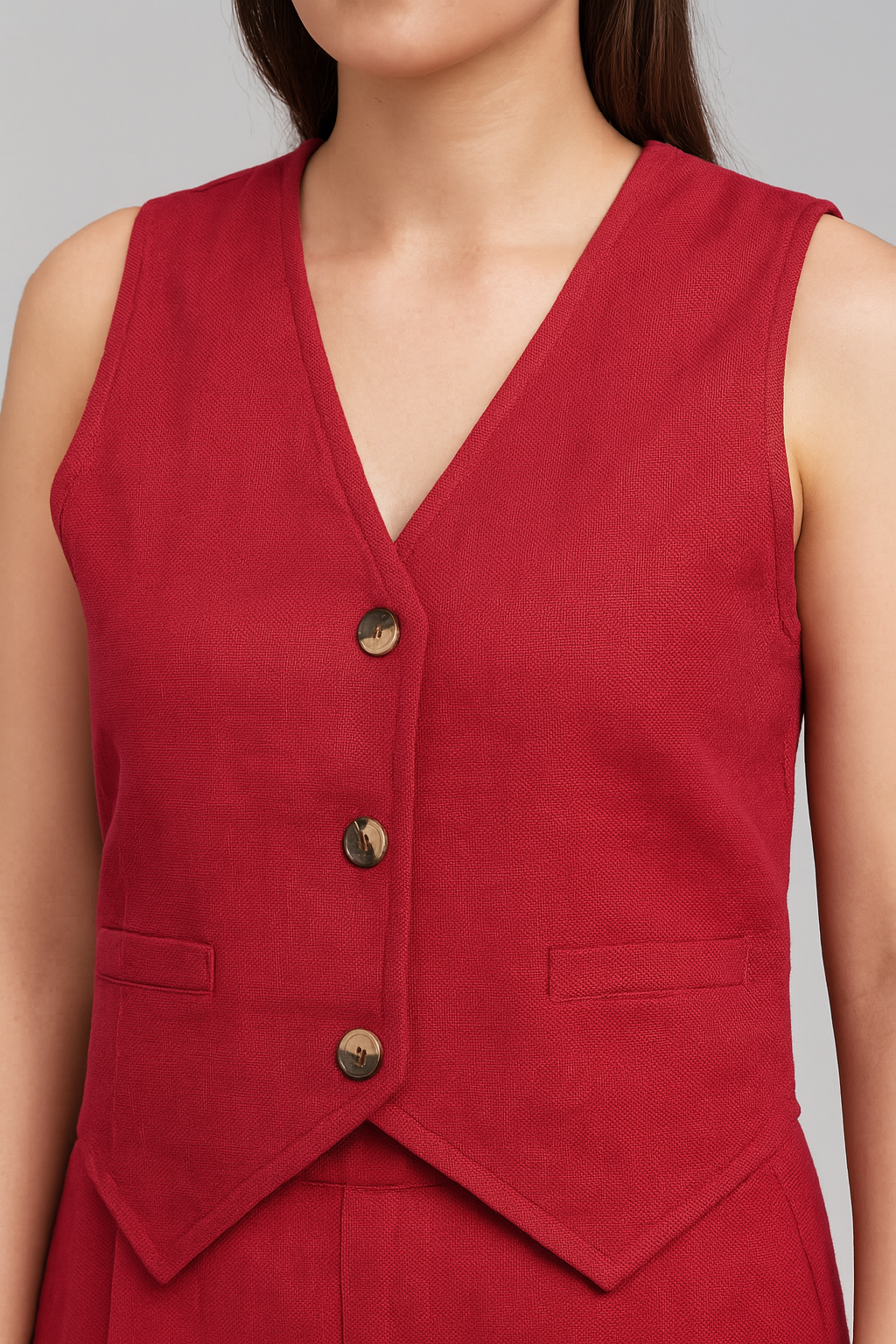 StyleStone Women's Red Cotton Linen Waistcoat and Pants Set