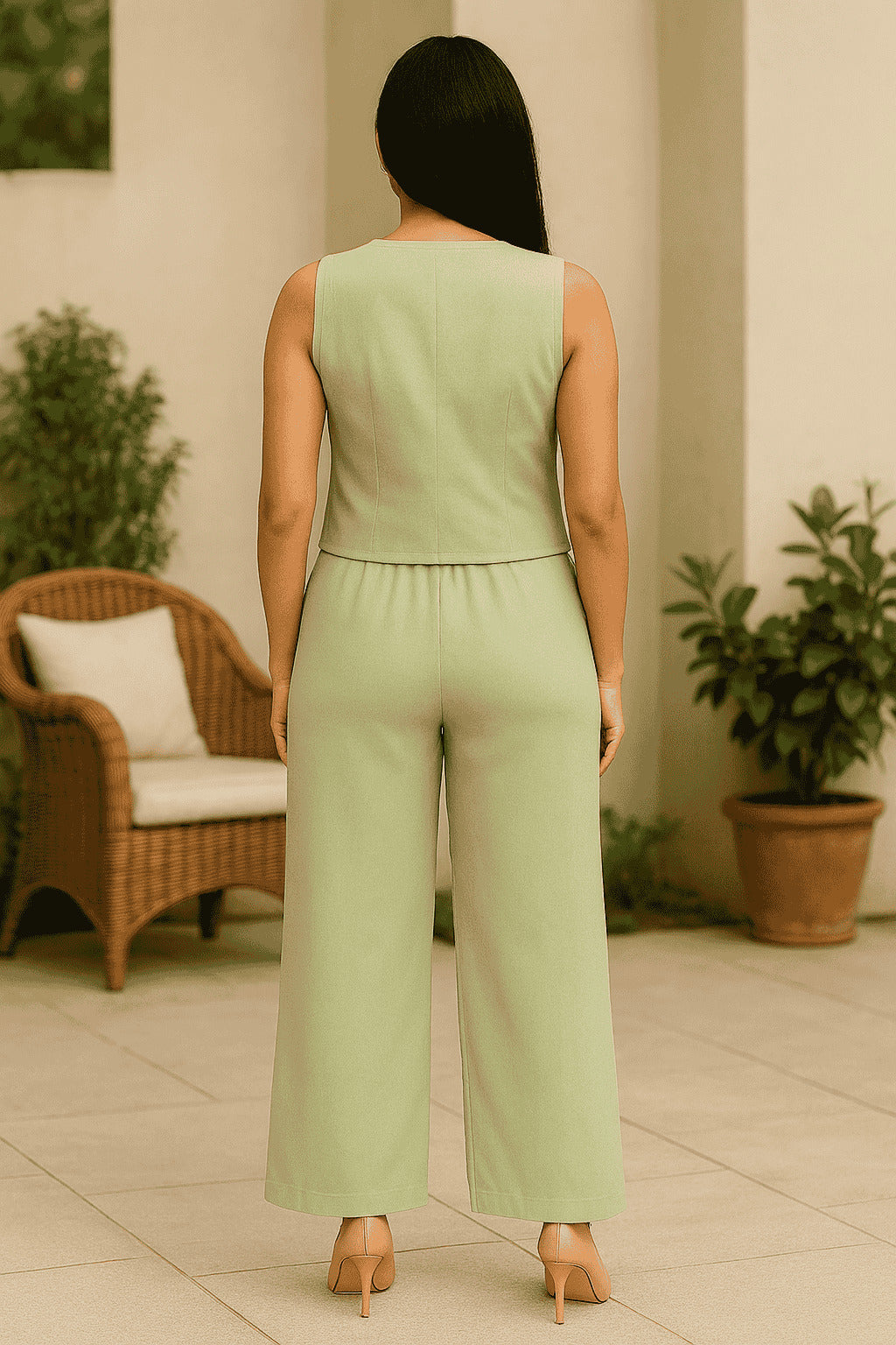 StyleStone Women's Red Cotton Linen Waistcoat and Pants Set