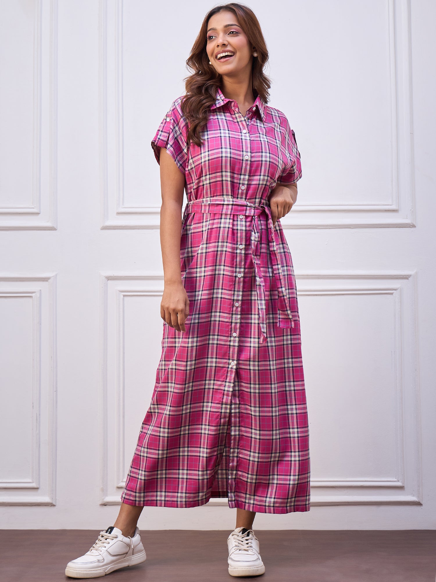 StyleStone Women's Cotton Pink Check Maxi Dress
