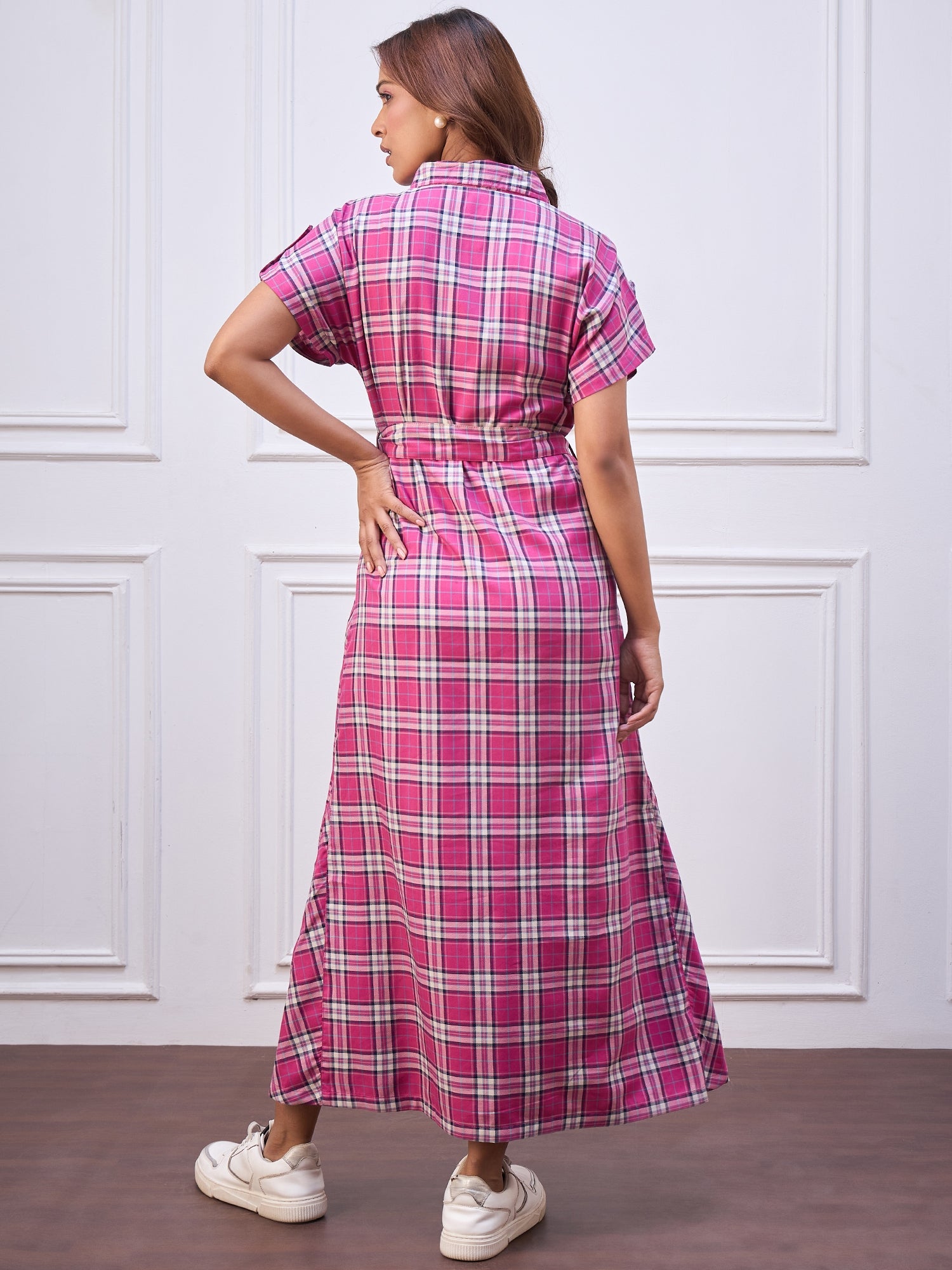 StyleStone Women's Cotton Pink Check Maxi Dress