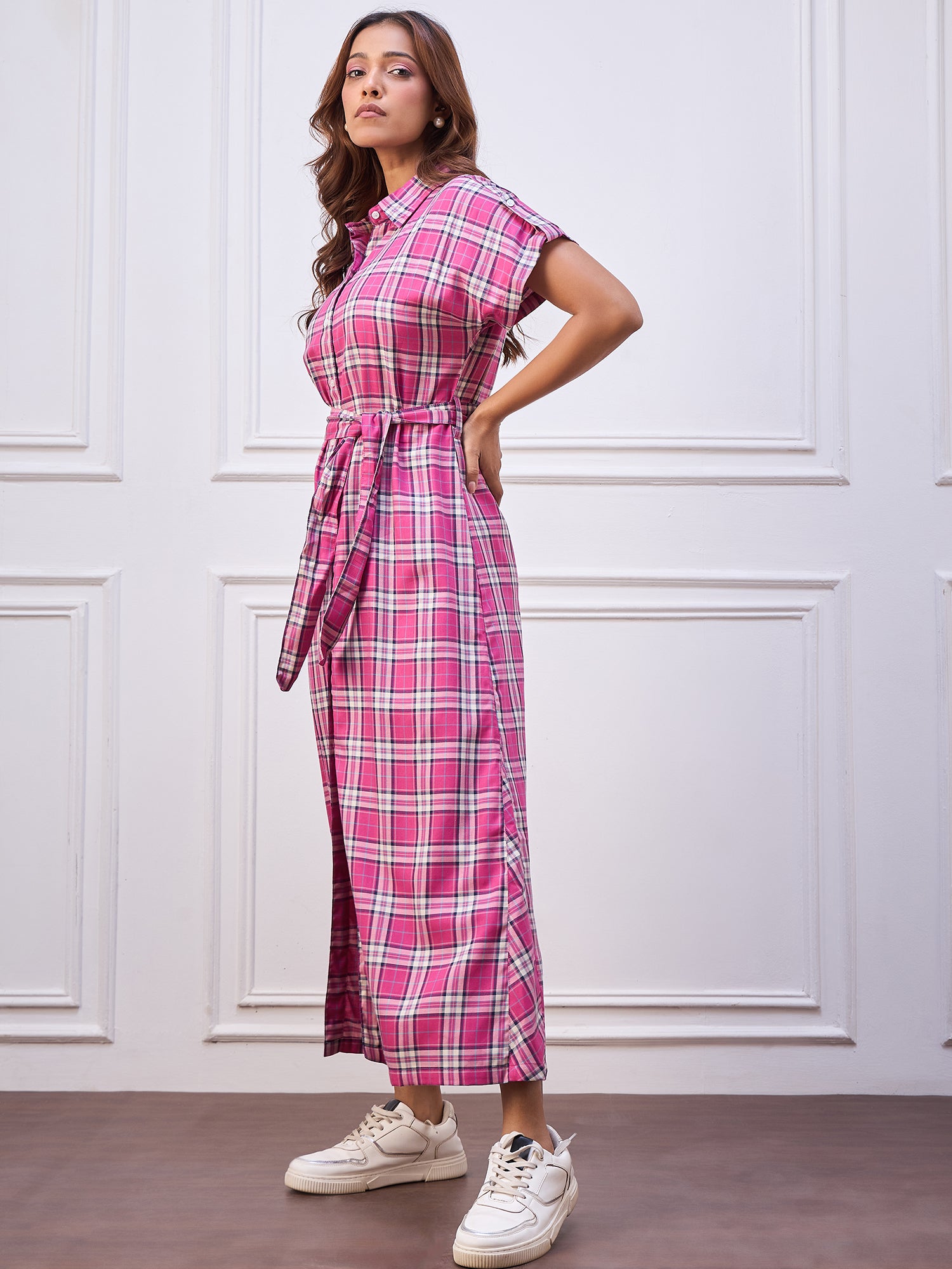 StyleStone Women's Cotton Pink Check Maxi Dress