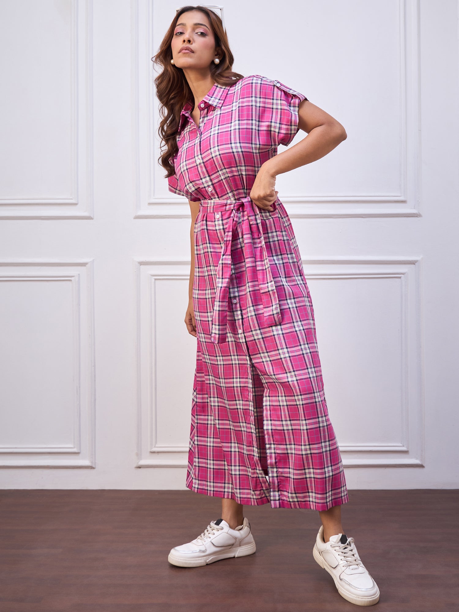 StyleStone Women's Cotton Pink Check Maxi Dress