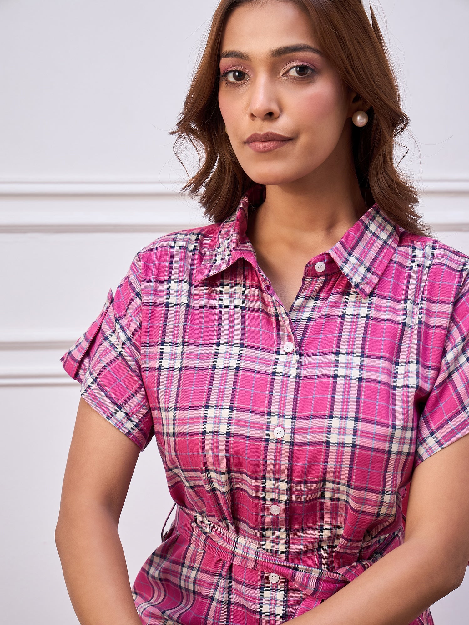 StyleStone Women's Cotton Pink Check Maxi Dress