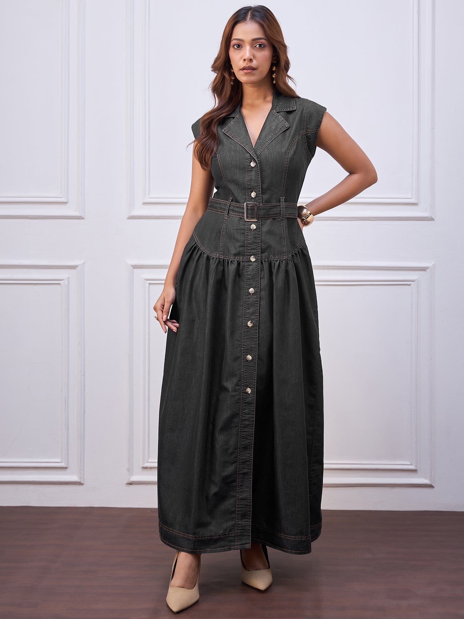 StyleStone Women's Black Denim Maxi Dress