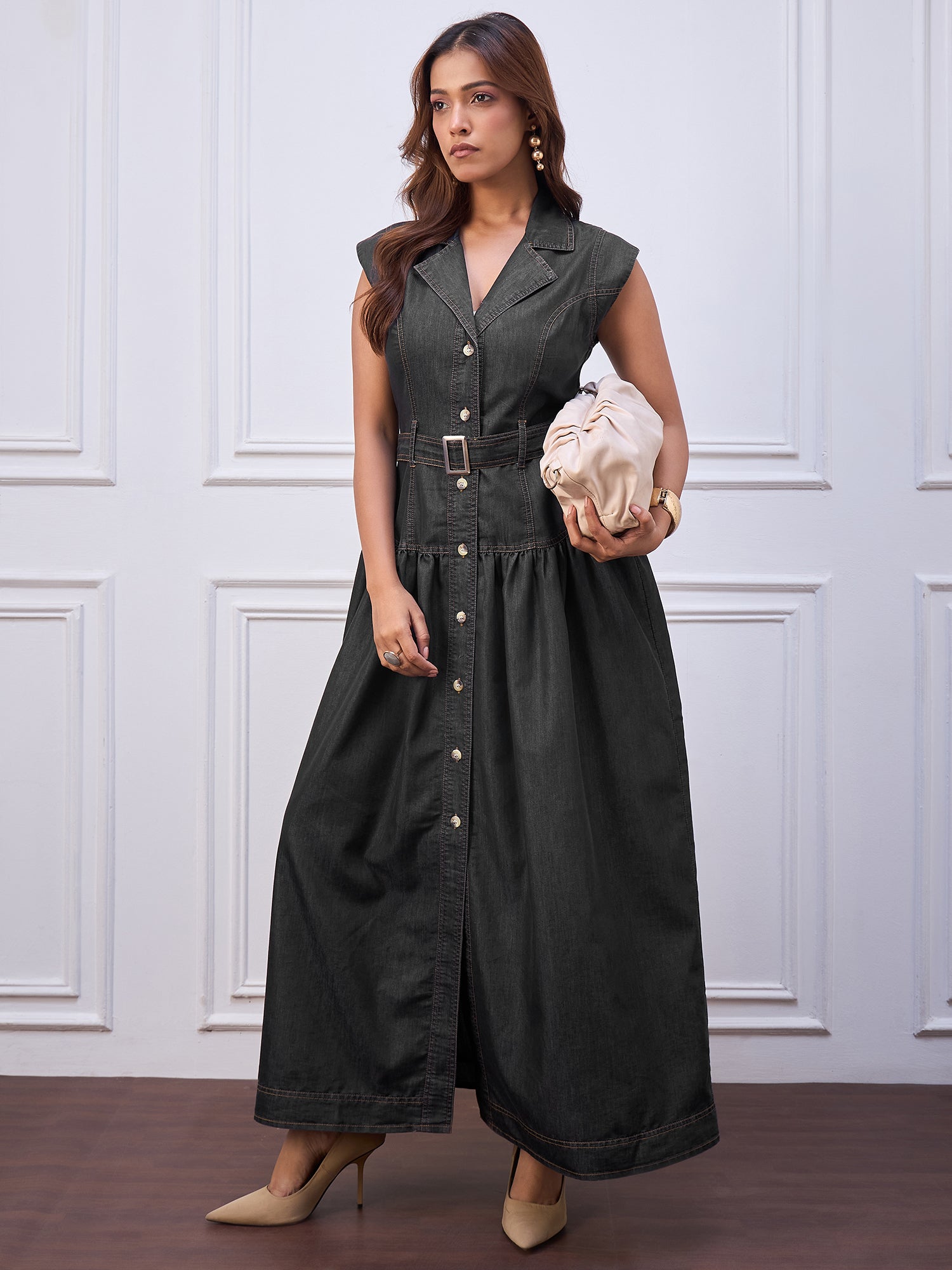 StyleStone Women's Black Denim Maxi Dress