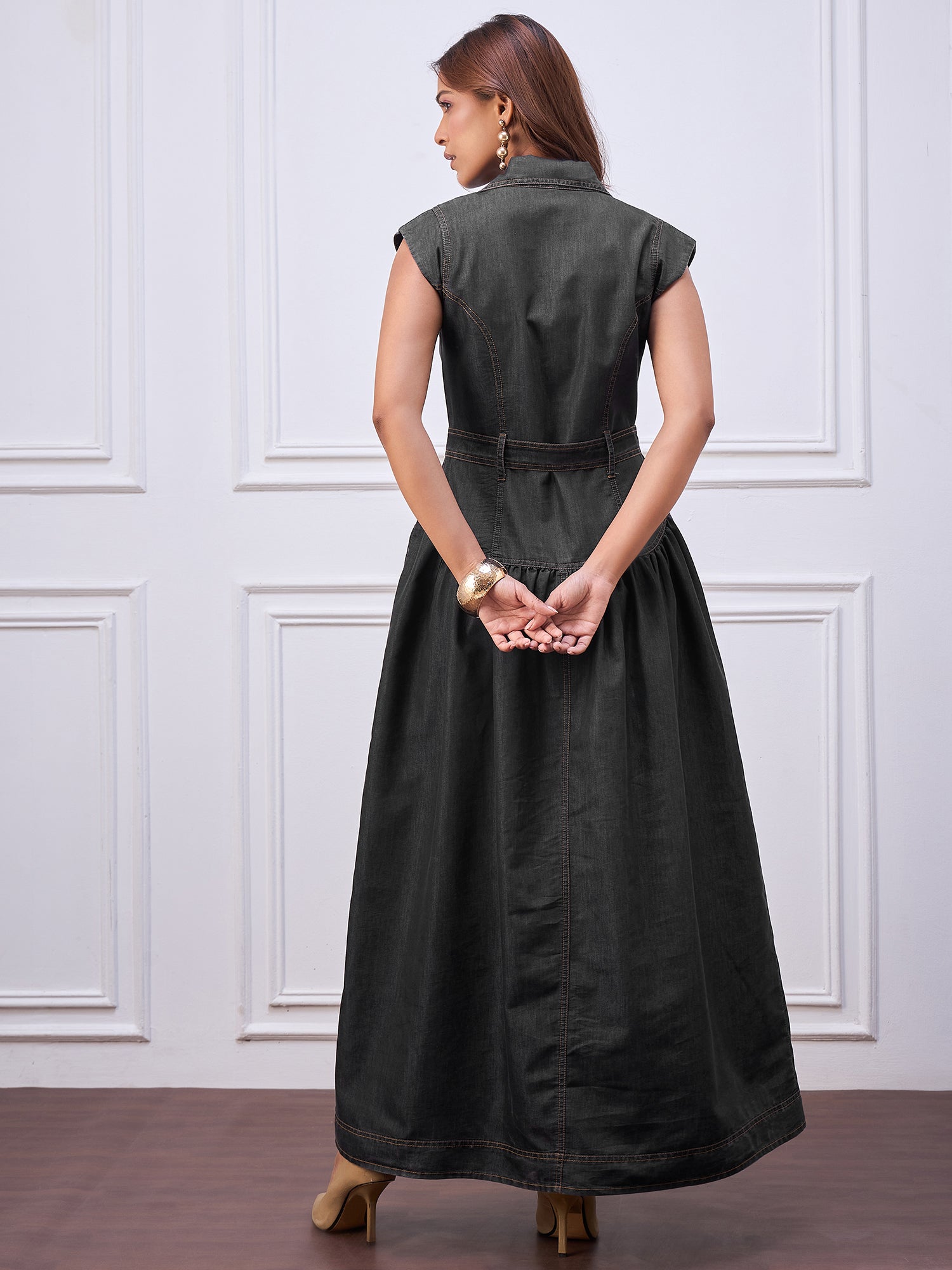 StyleStone Women's Black Denim Maxi Dress