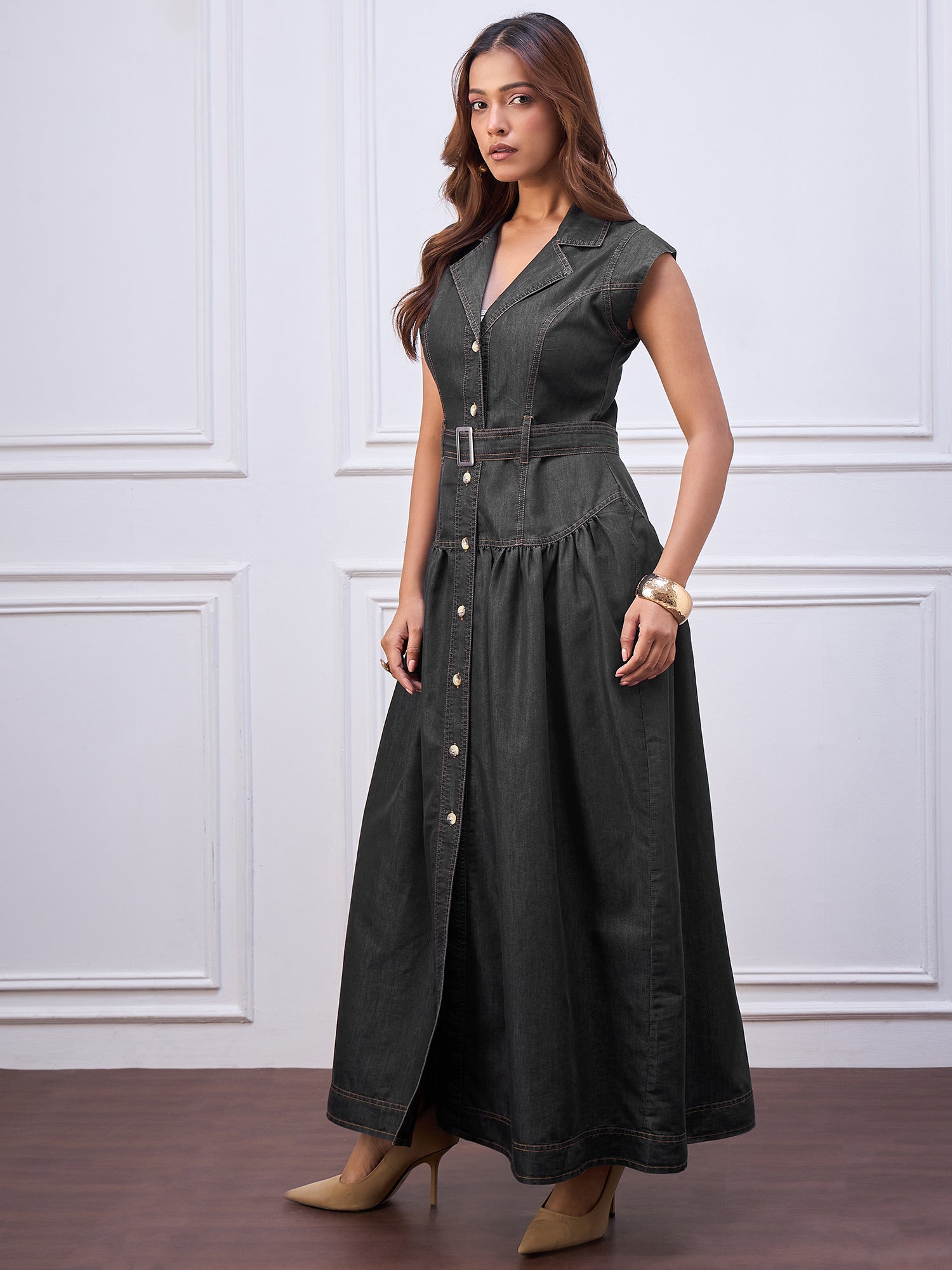StyleStone Women's Black Denim Maxi Dress
