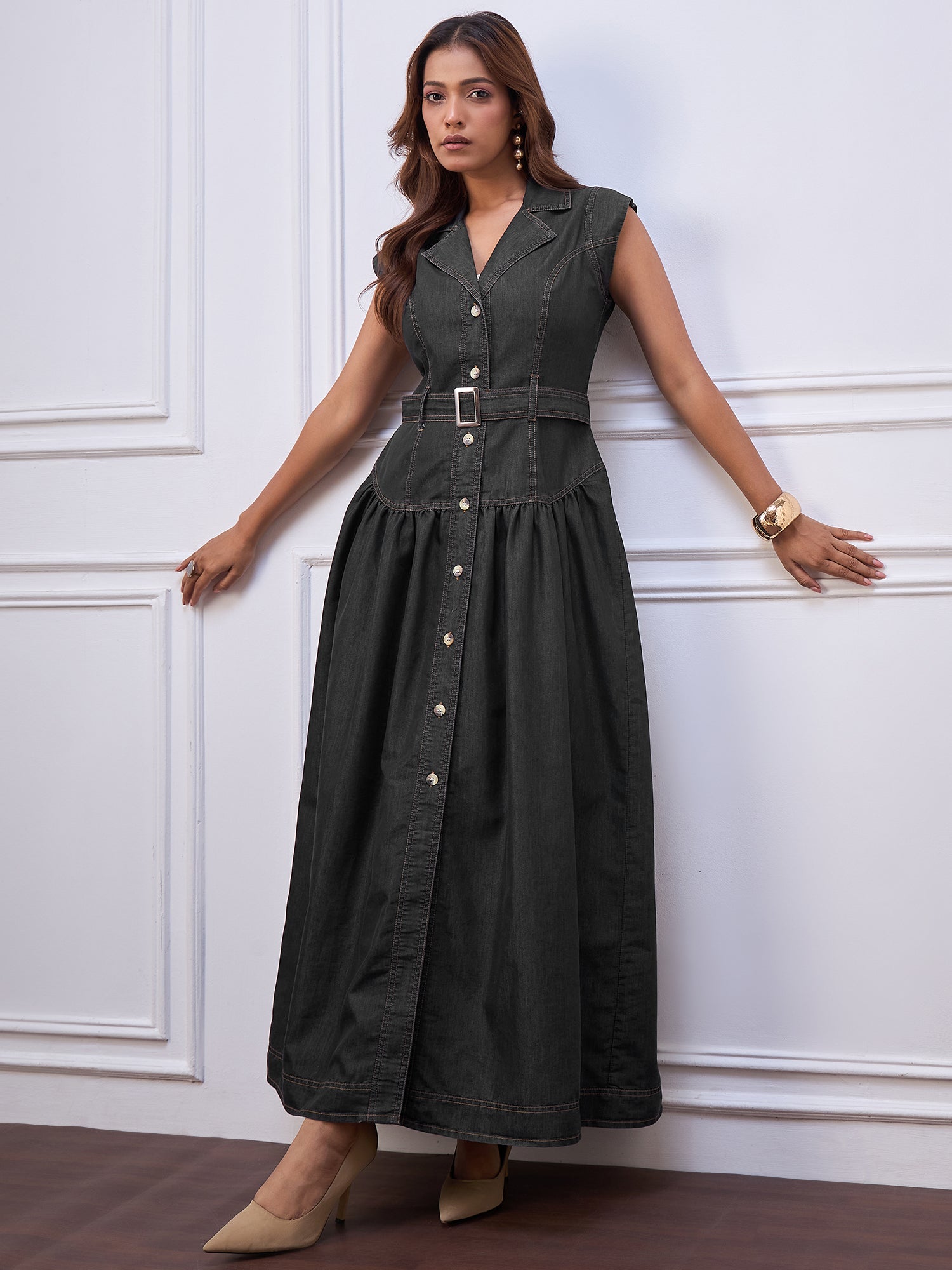 StyleStone Women's Black Denim Maxi Dress