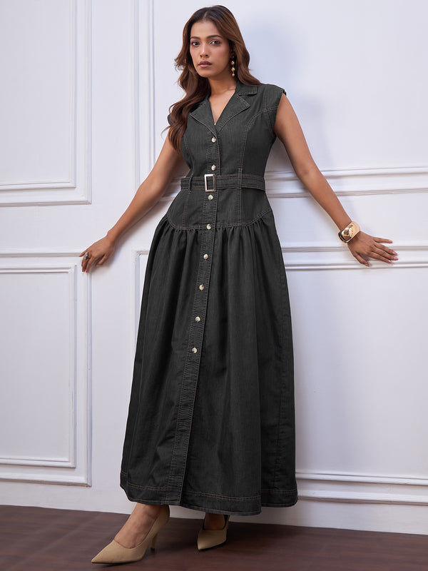 StyleStone Women's Black Denim Maxi Dress
