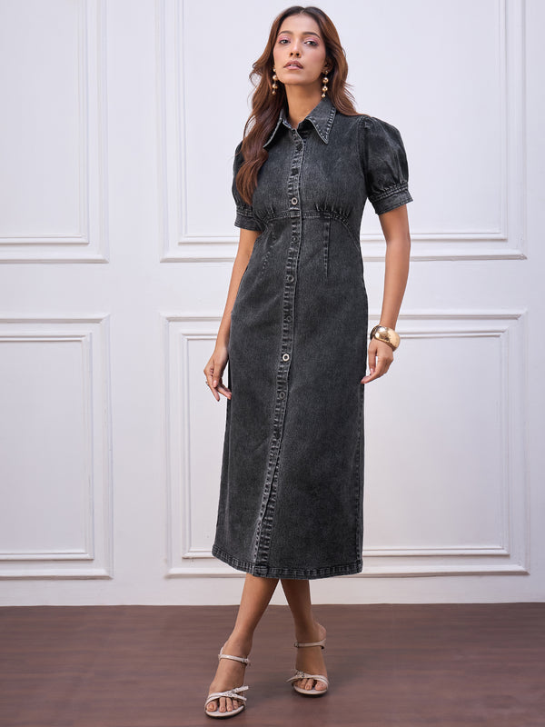 StyleStone Women's Black Denim fitted Dress