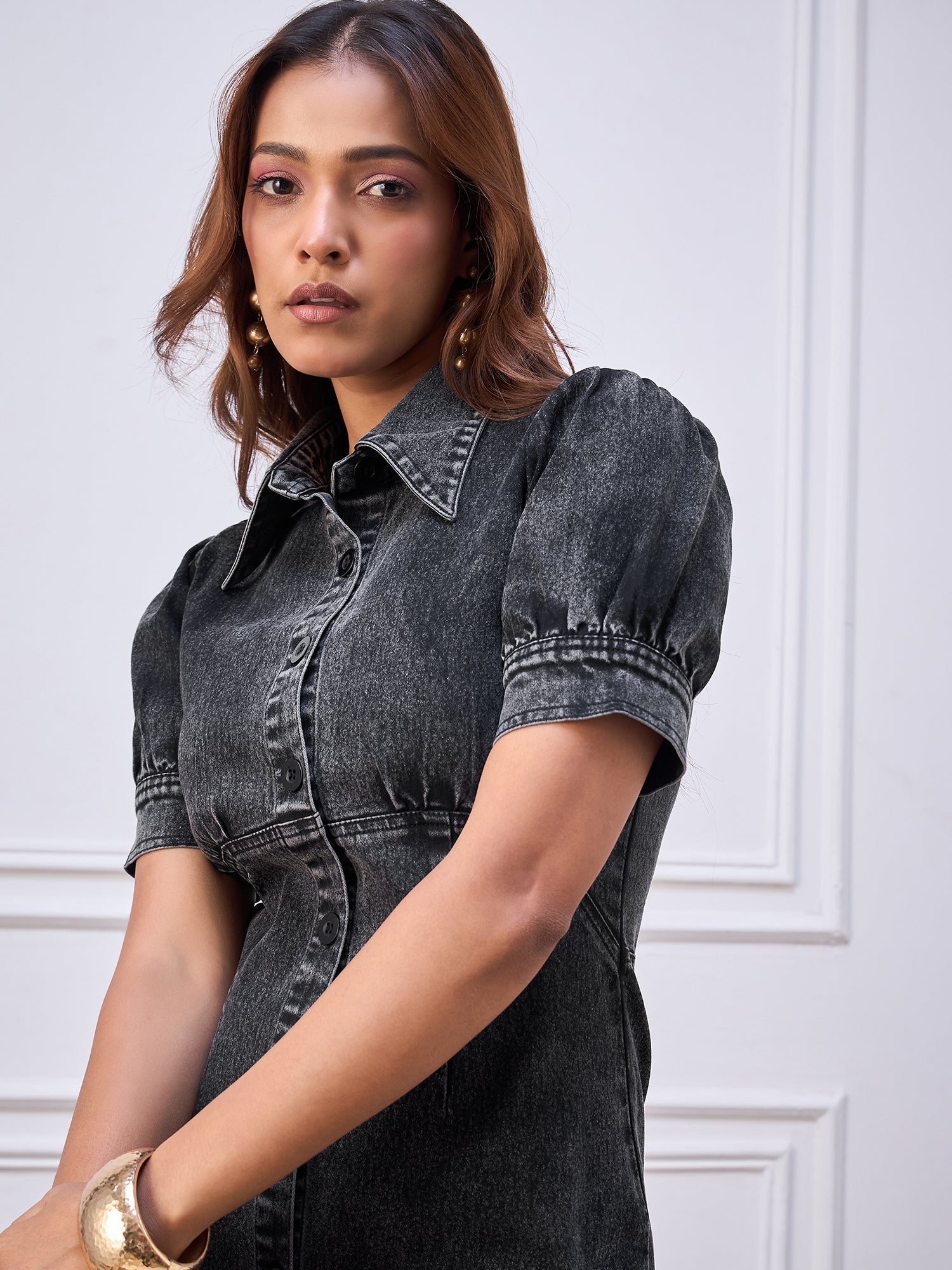 StyleStone Women's Black Denim fitted Dress
