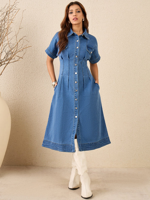 StyleStone Women's Waist Fitted Denim Lycra Dress
