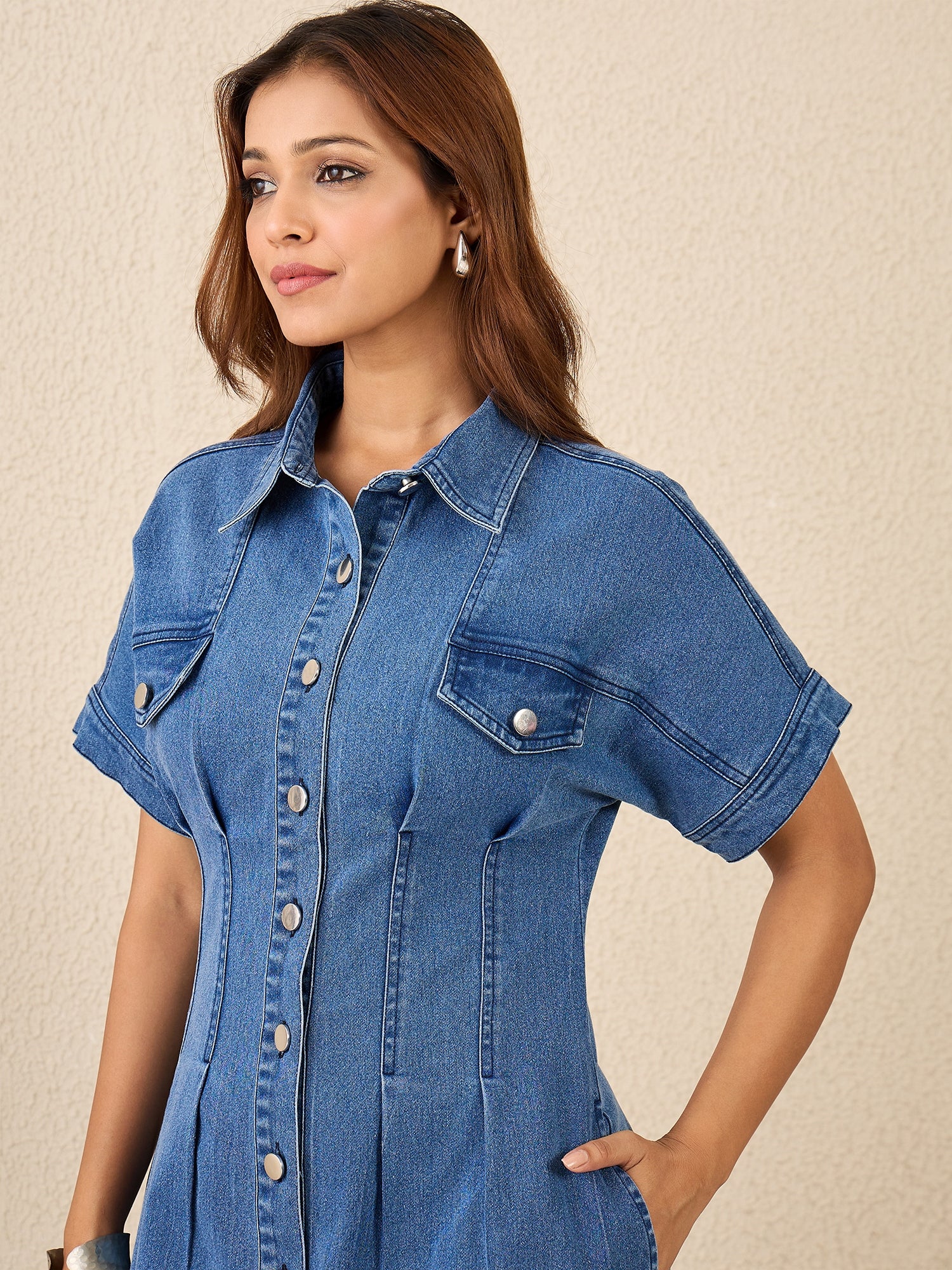 StyleStone Women's Waist Fitted Denim Lycra Dress