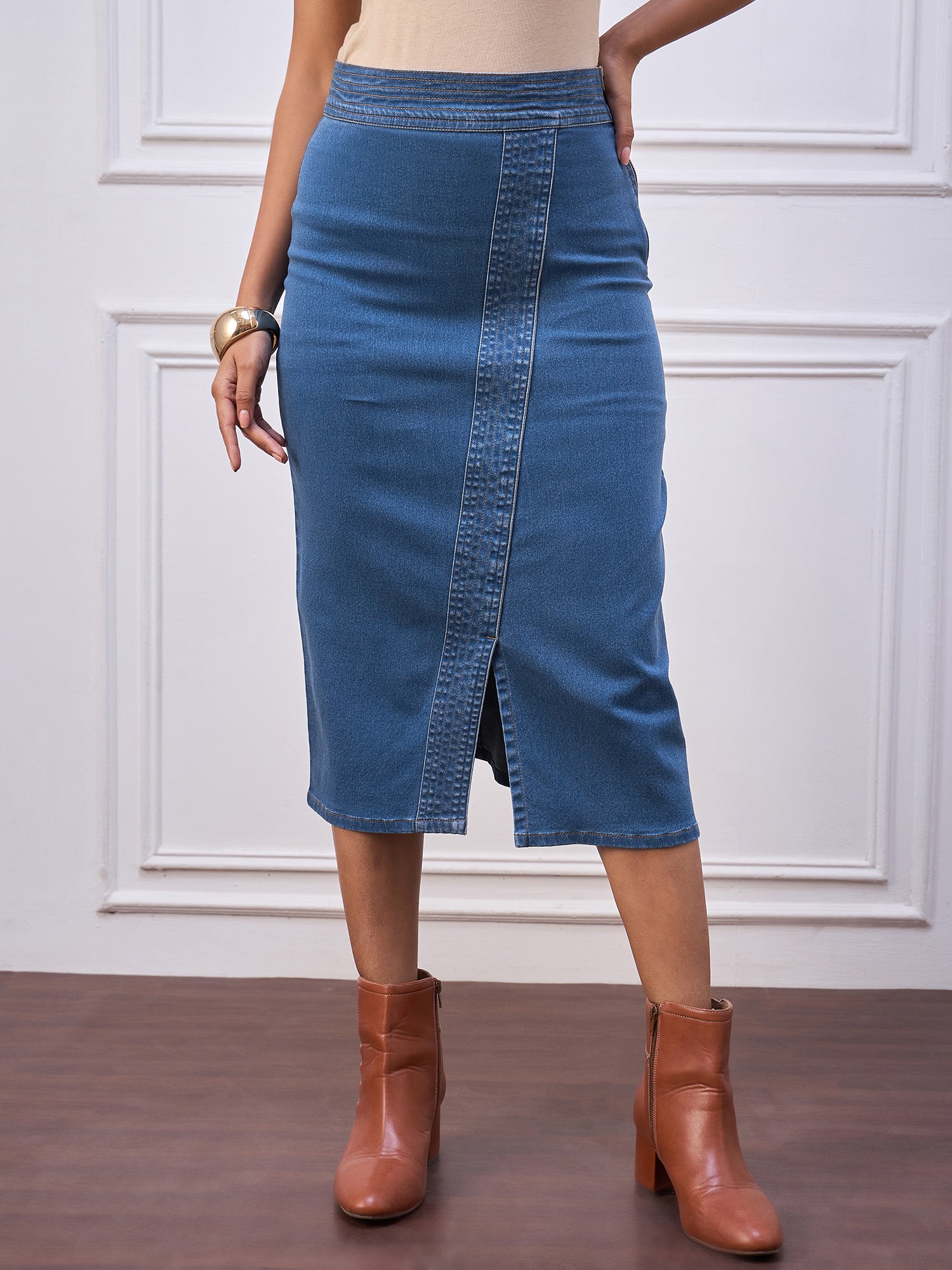 StyleStone Women's Light wash  Denim Skirt with Stitch detail