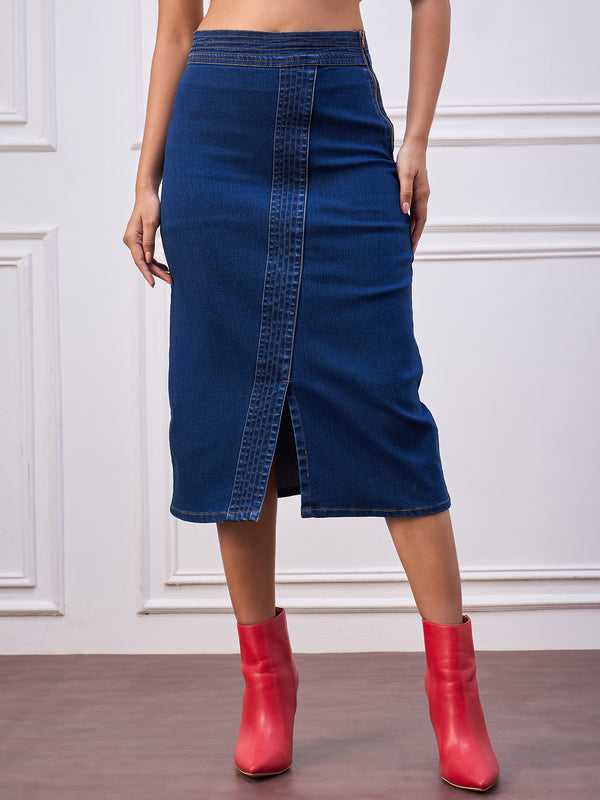 StyleStone Women's Navy Denim Skirt with Stitch Detail