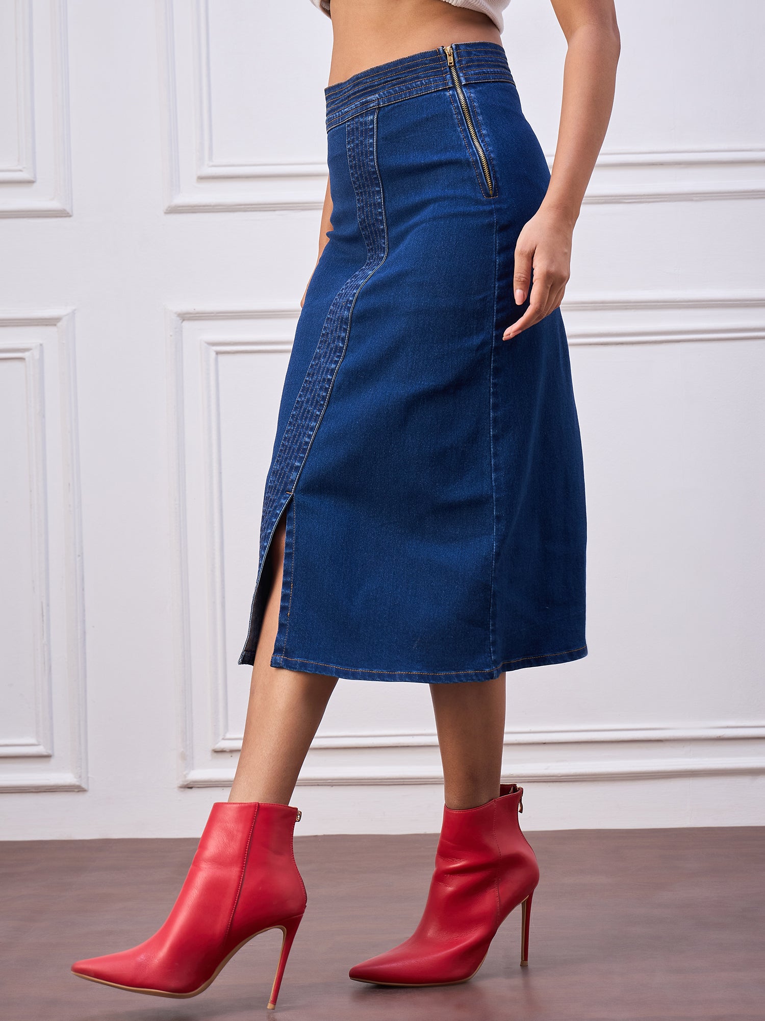 StyleStone Women's Navy Denim Skirt with Stitch Detail