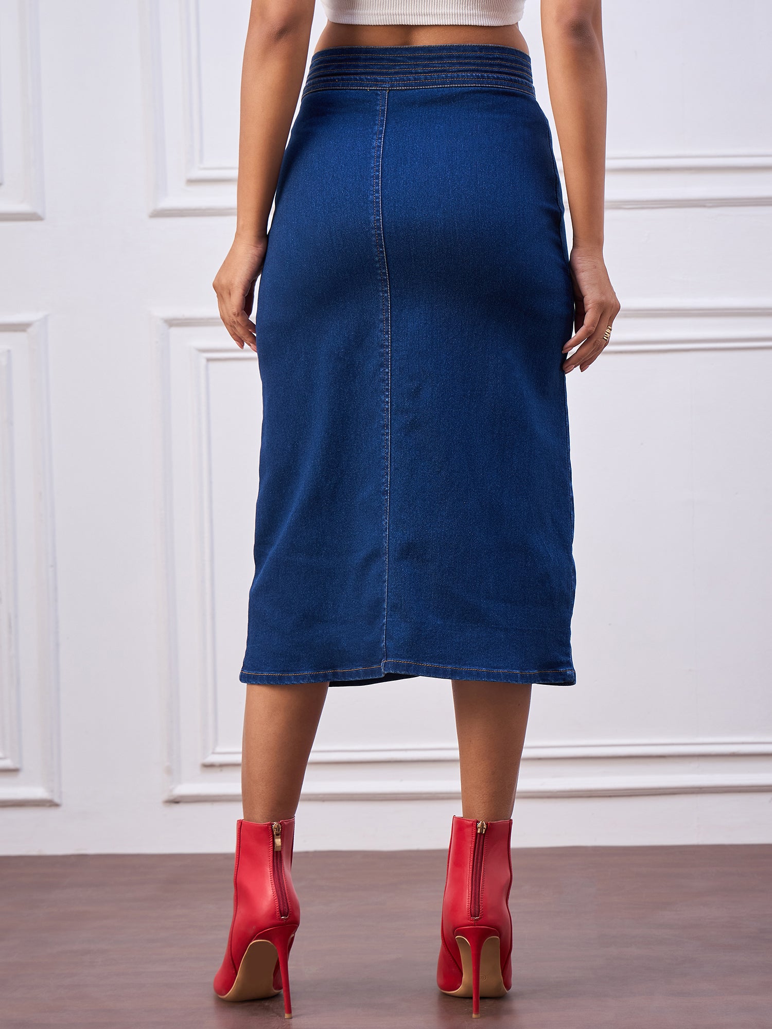 StyleStone Women's Navy Denim Skirt with Stitch Detail