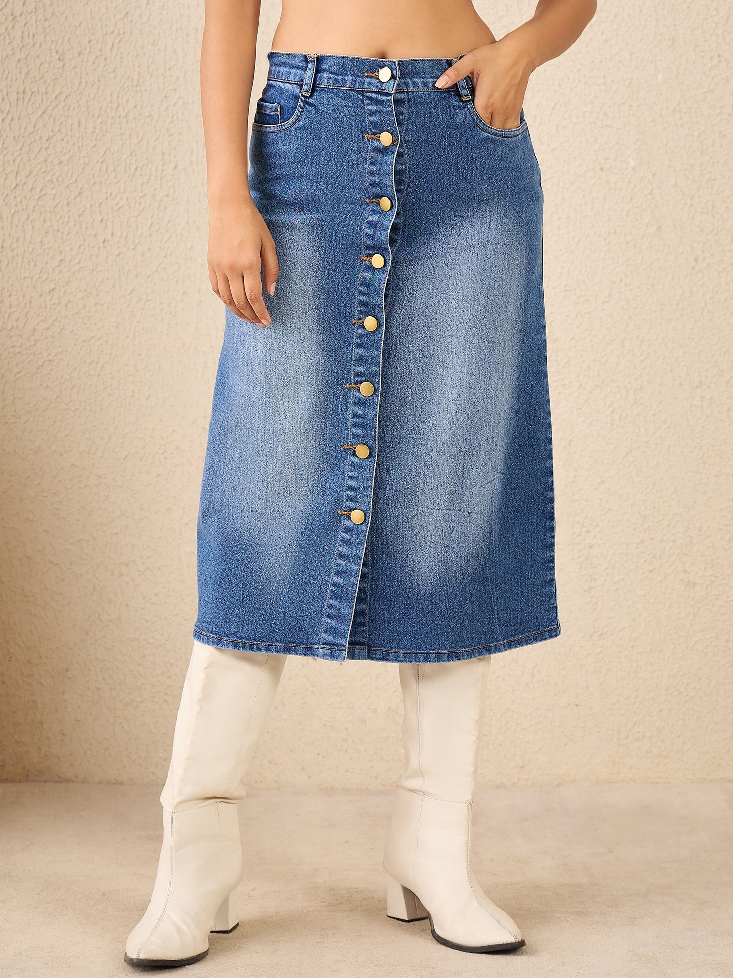 StyleStone Women's Denim Skirt with front Buttons