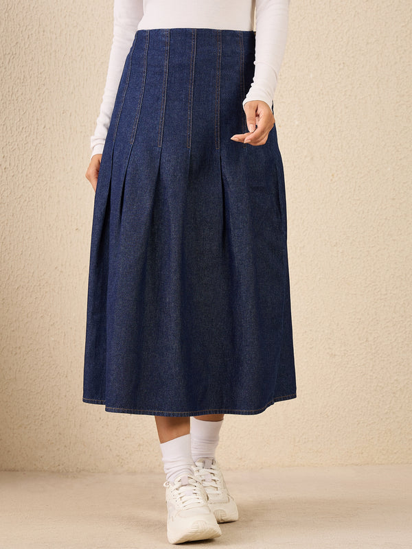 StyleStone Women's Denim Skirt with Box Pleats