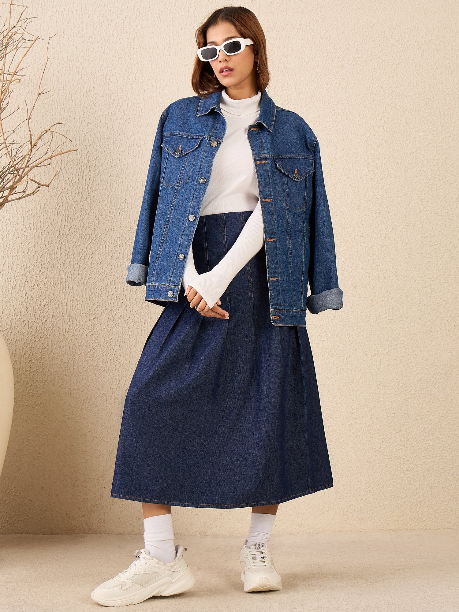 StyleStone Women's Denim Skirt with Box Pleats