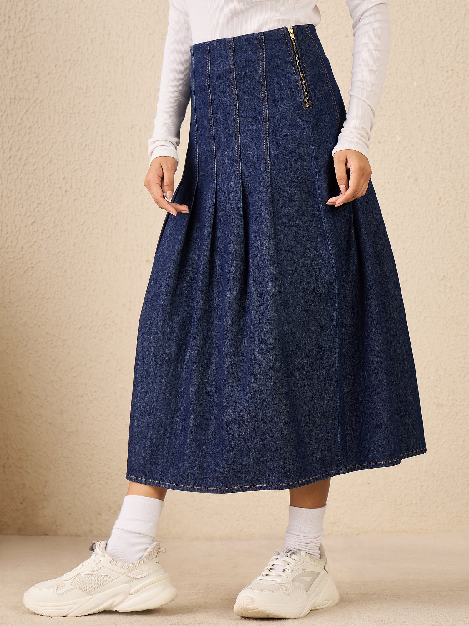 StyleStone Women's Denim Skirt with Box Pleats