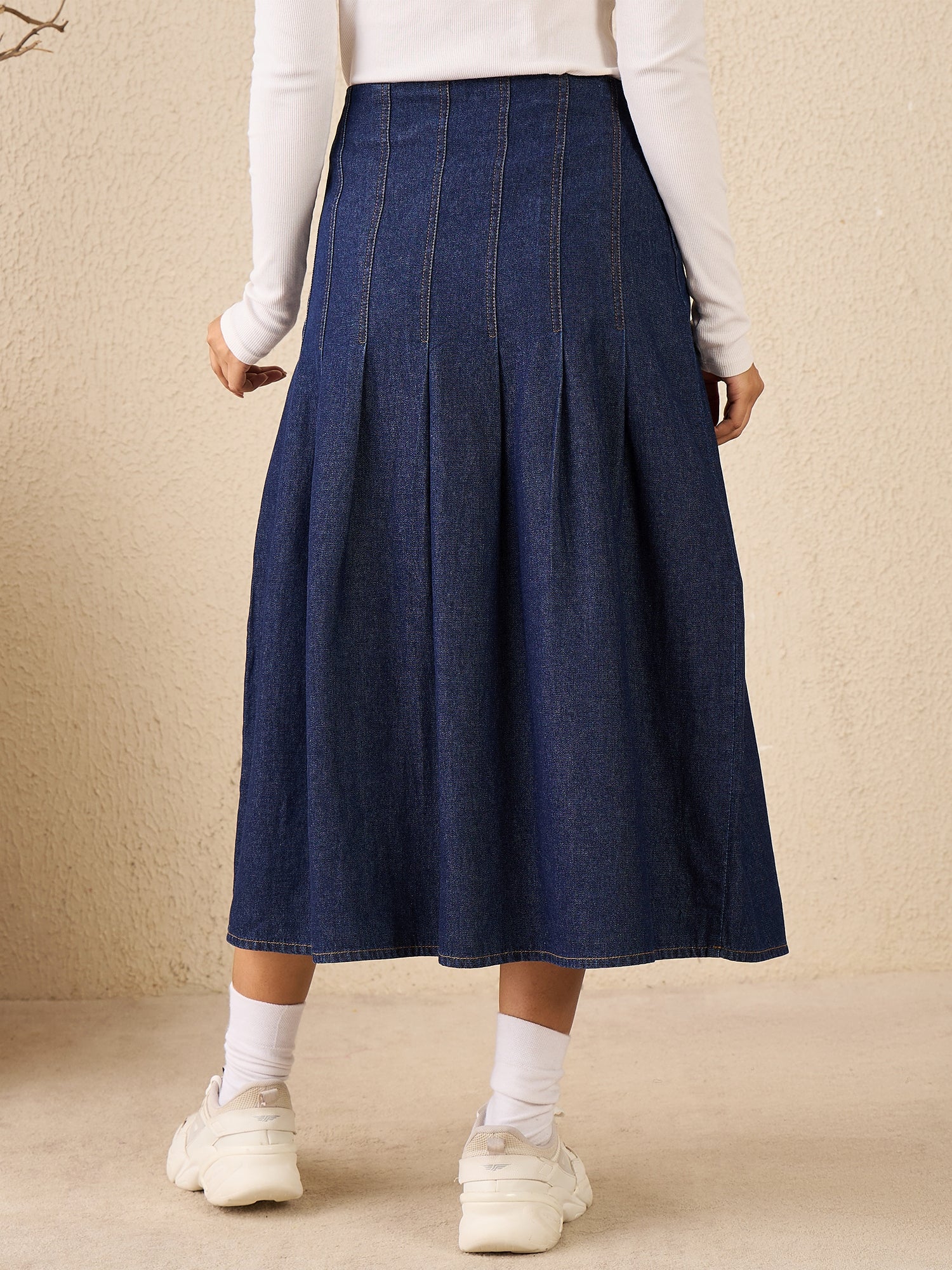 StyleStone Women's Denim Skirt with Box Pleats