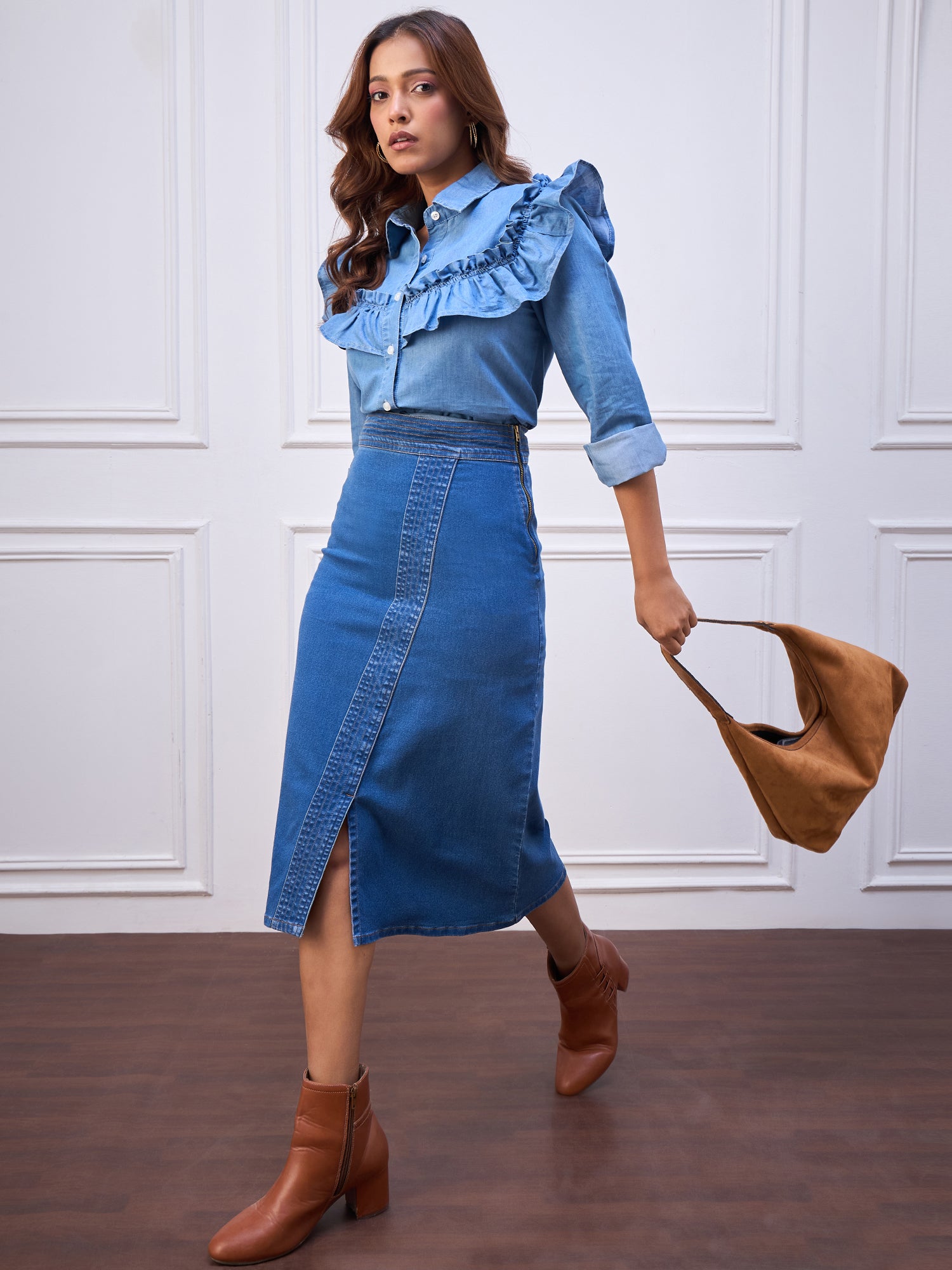 StyleStone Women's Denim Ruffle Shirt