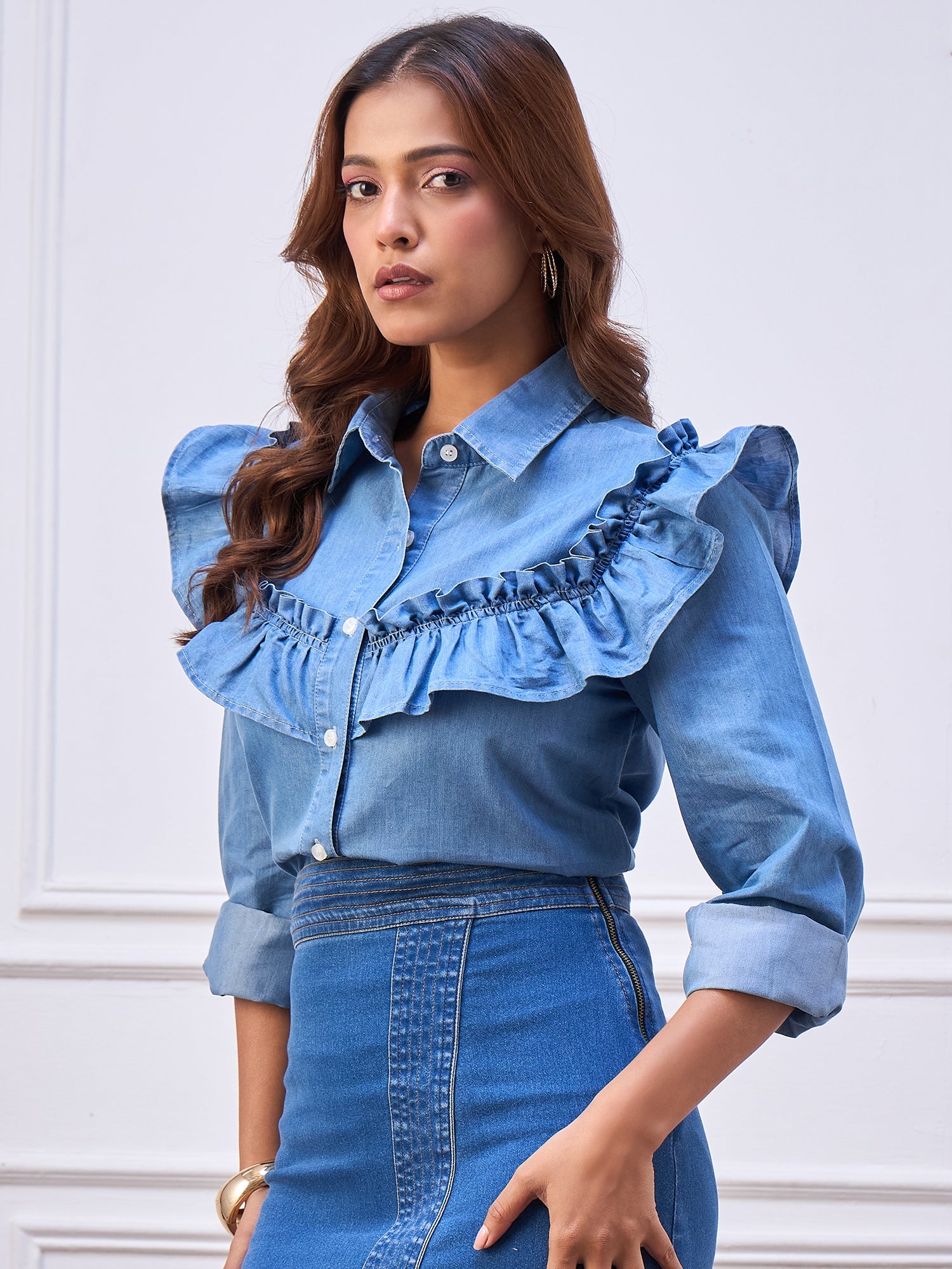 StyleStone Women's Denim Ruffle Shirt