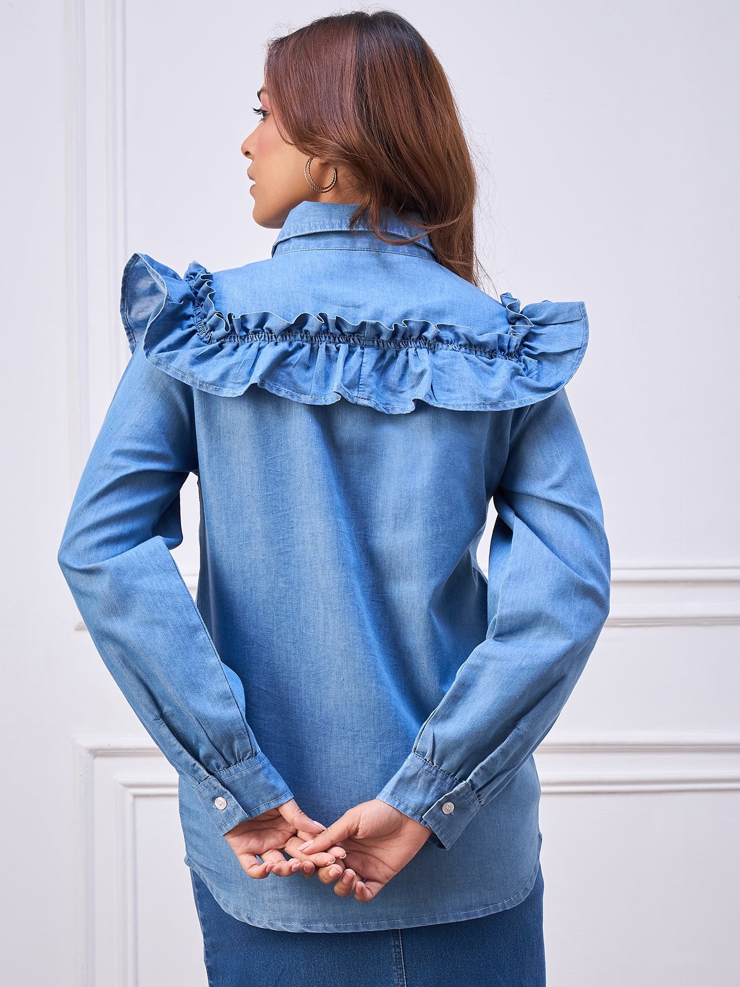 StyleStone Women's Denim Ruffle Shirt
