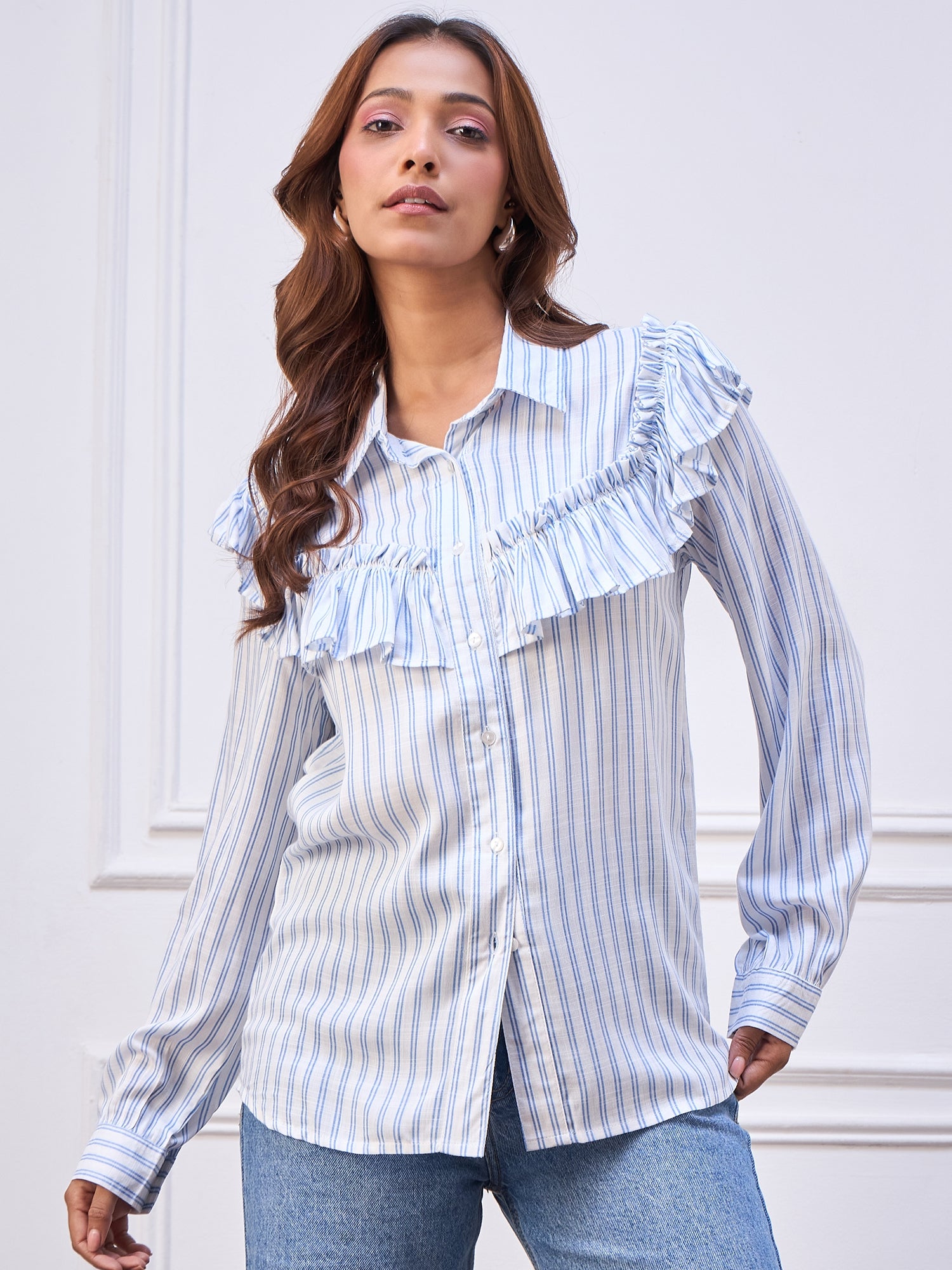 StyleStone Women's Cotton Striped Ruffle Shirt
