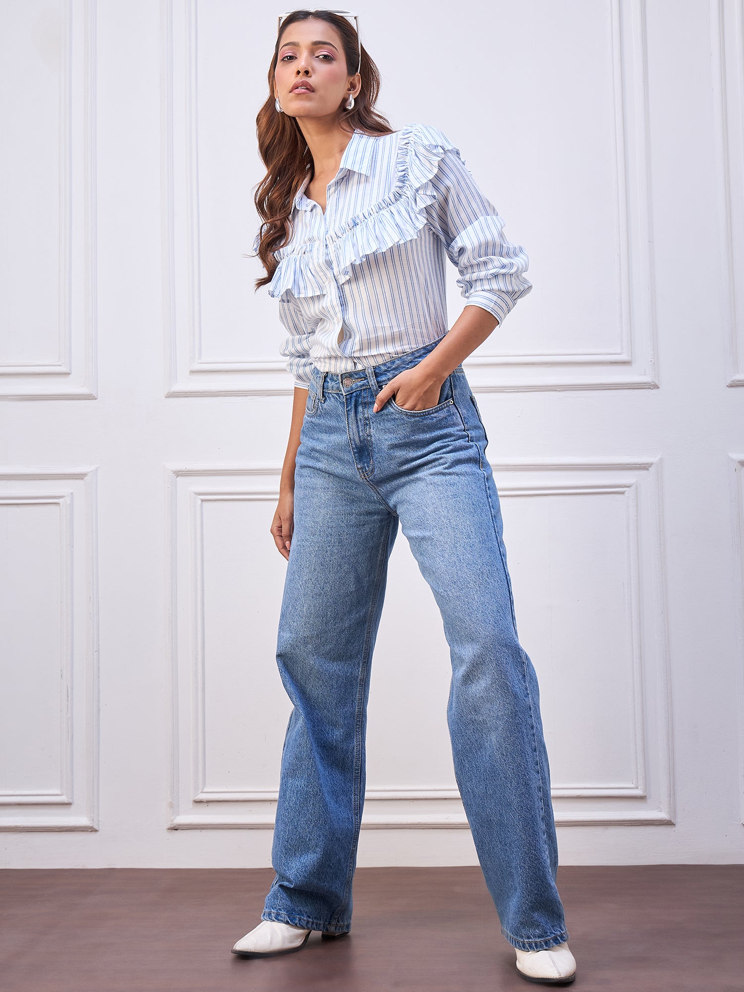 StyleStone Women's Cotton Striped Ruffle Shirt