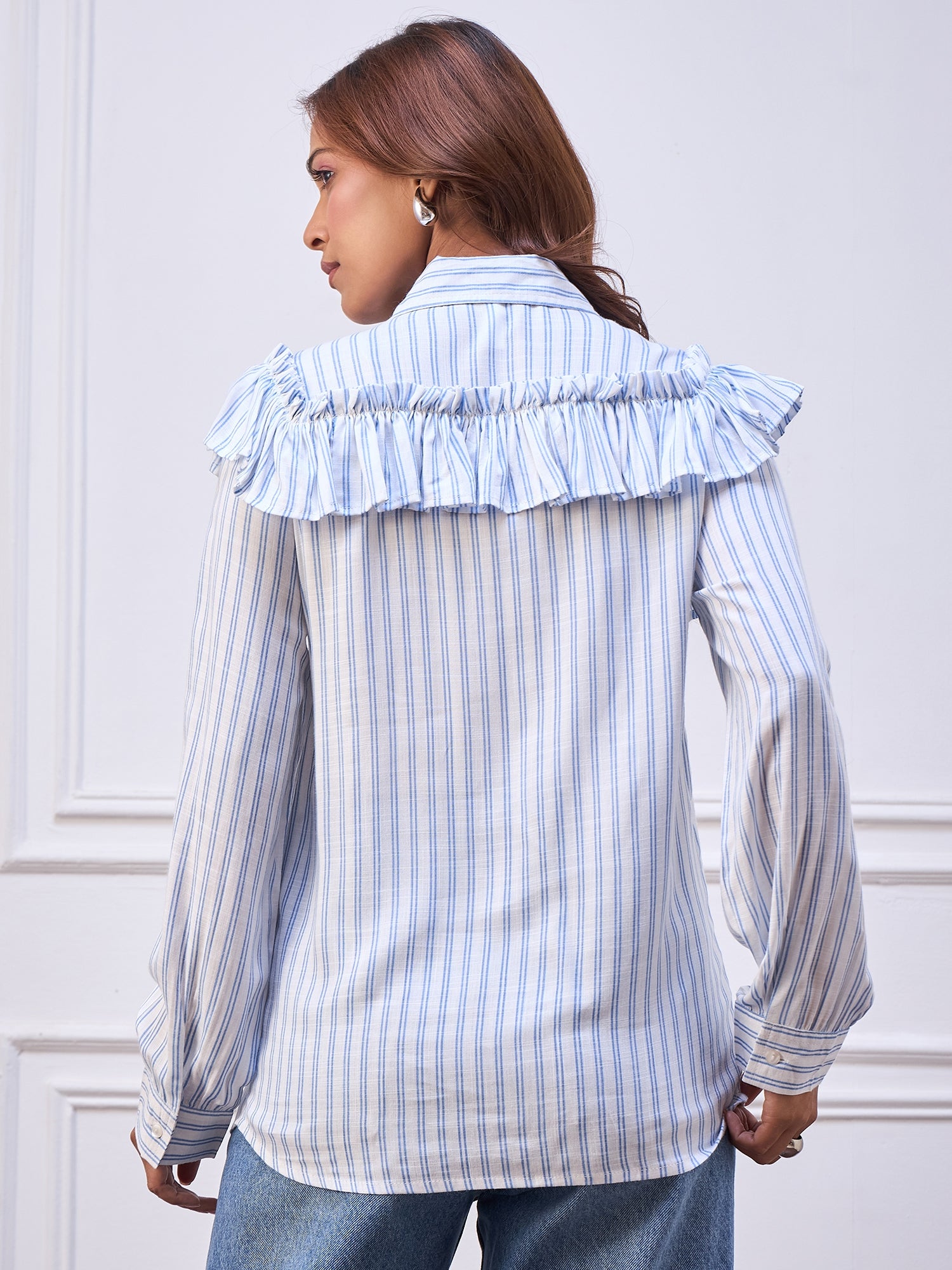 StyleStone Women's Cotton Striped Ruffle Shirt