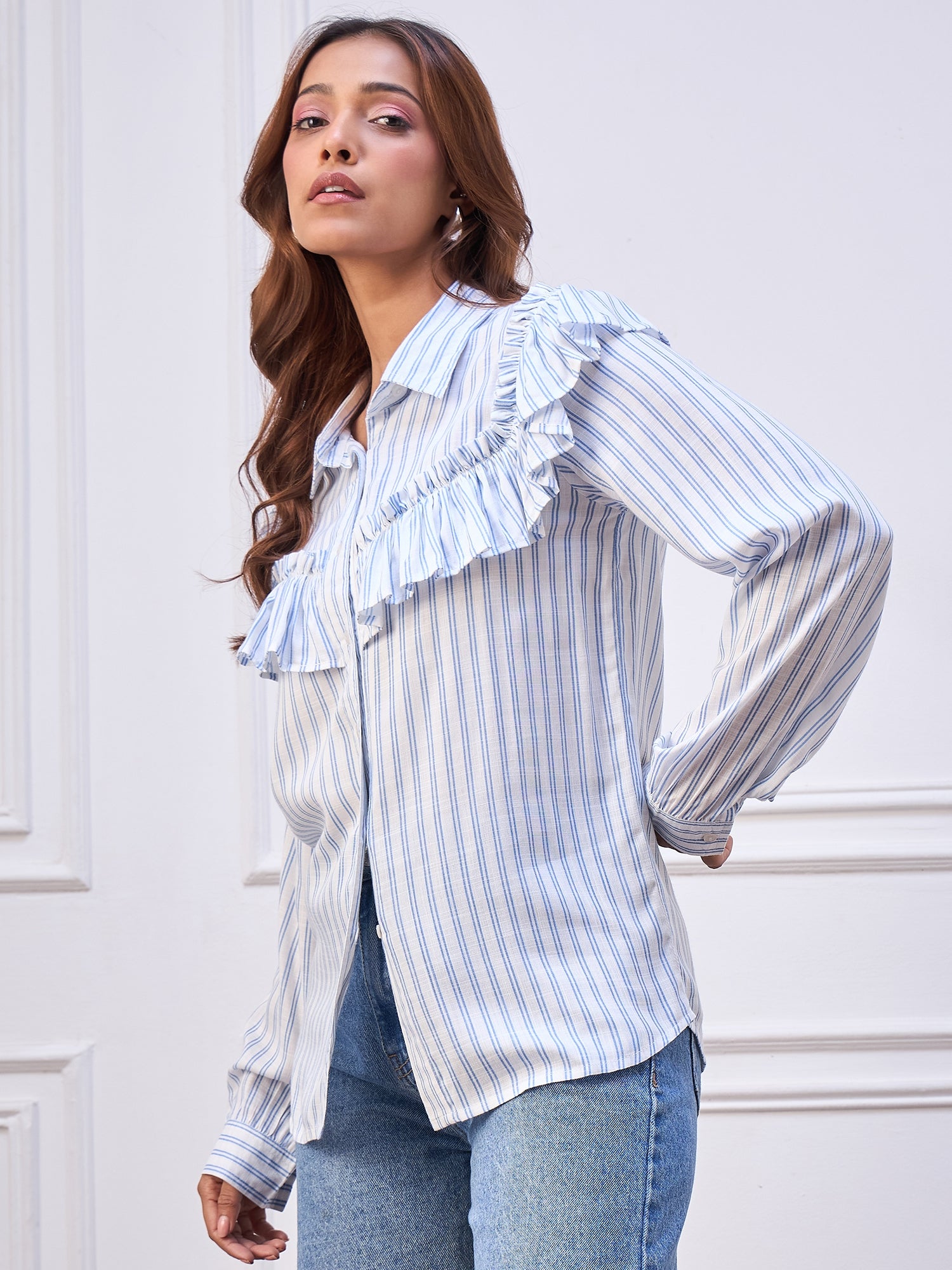 StyleStone Women's Cotton Striped Ruffle Shirt