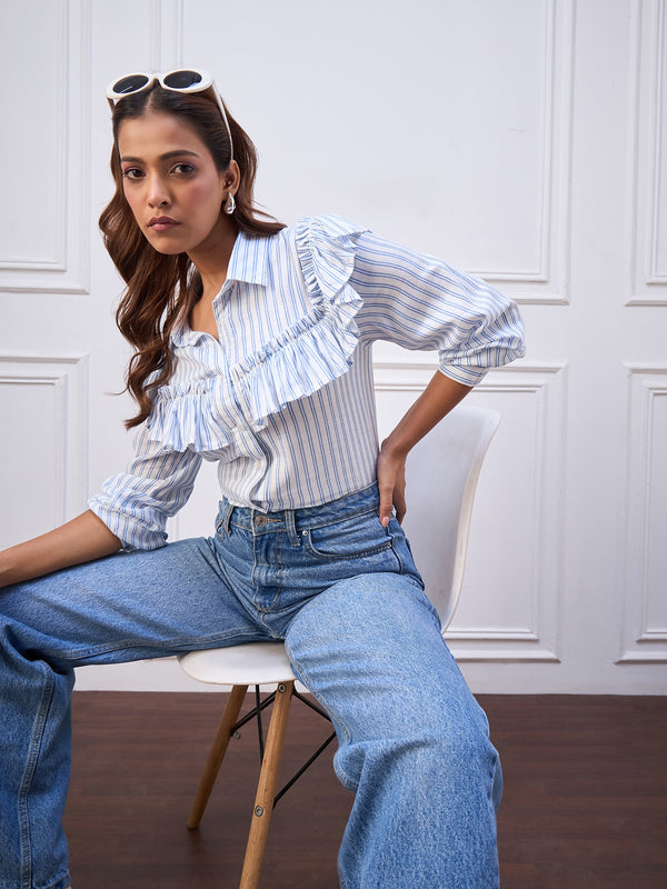 StyleStone Women's Cotton Striped Ruffle Shirt