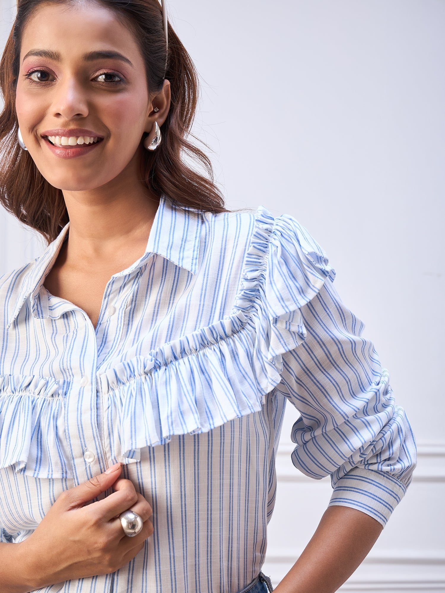 StyleStone Women's Cotton Striped Ruffle Shirt
