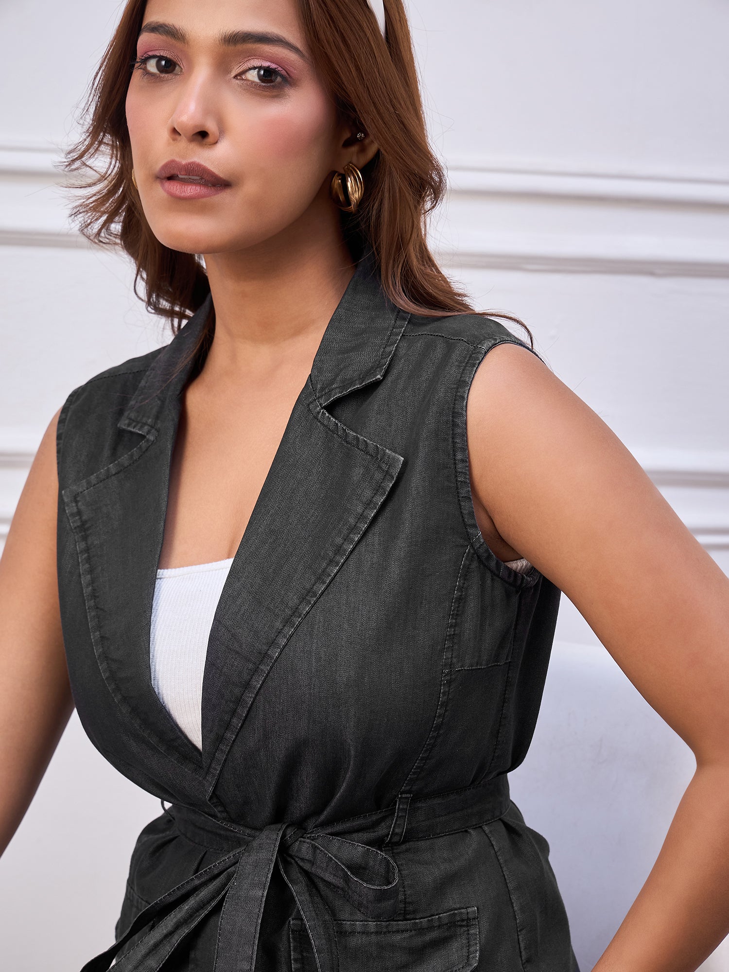 StyleStone Women's Black Denim Lapel Style Top with Belt