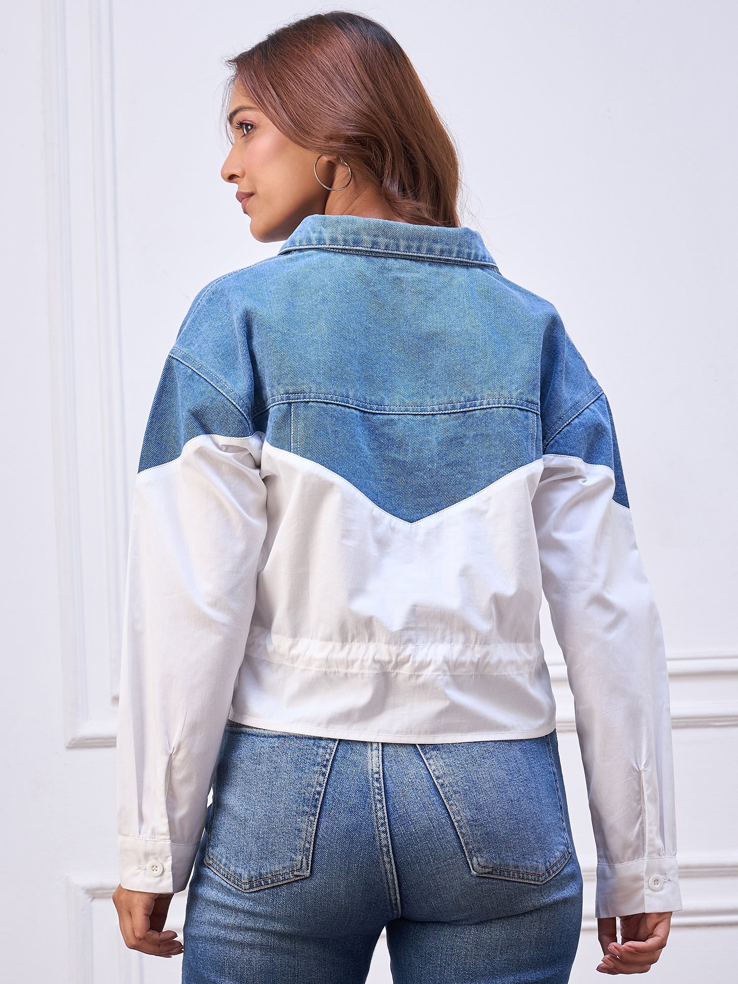 StyleStone Women's Denim and Cotton Colour blocked Shirt cum Jacket