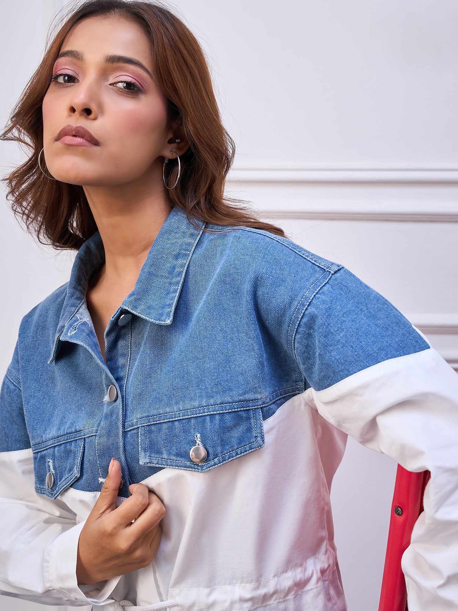 StyleStone Women's Denim and Cotton Colour blocked Shirt cum Jacket
