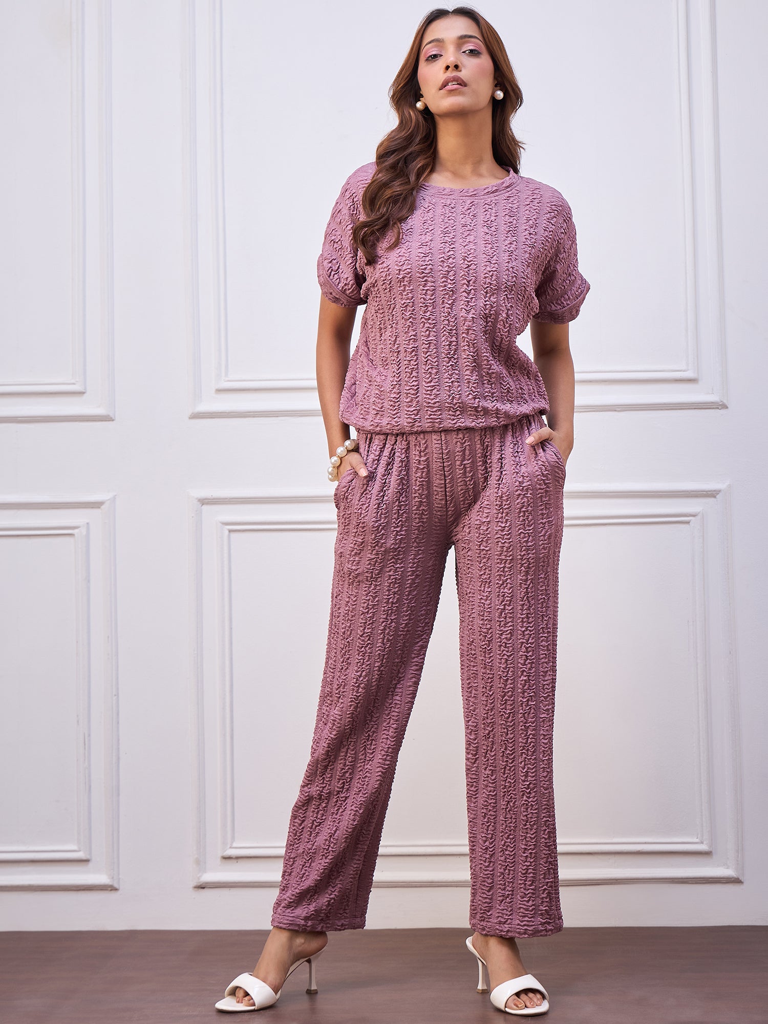 StyleStone Women's Lavender Crinkle Polyester Co-Ord Set