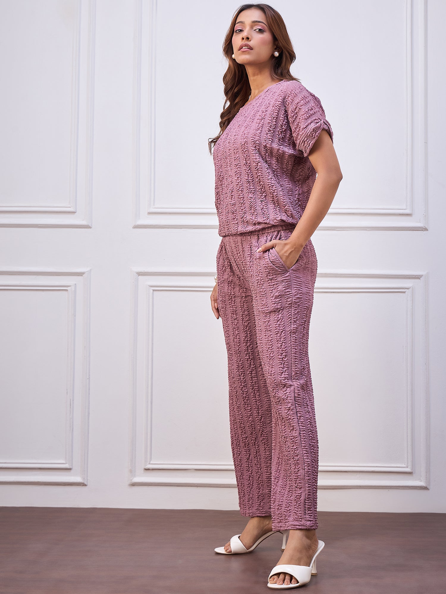StyleStone Women's Lavender Crinkle Polyester Co-Ord Set