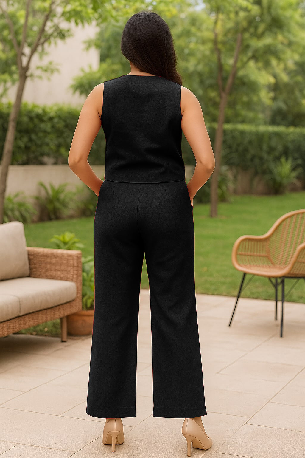 StyleStone Women's Black Cotton Linen Waistcoat and Pants Set