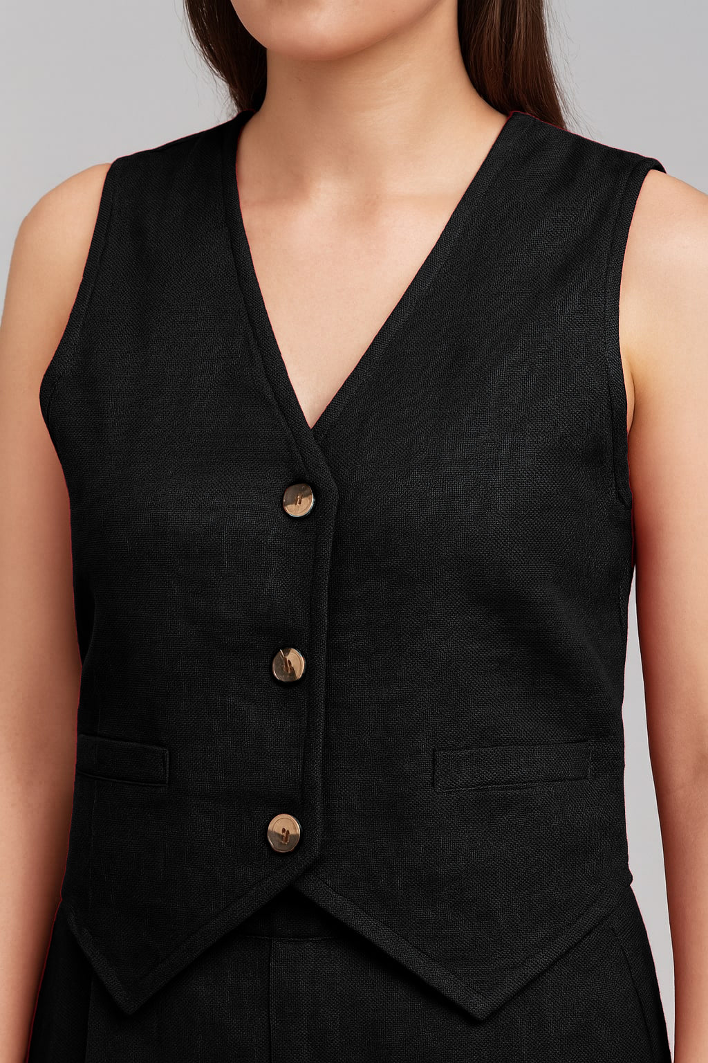 StyleStone Women's Black Cotton Linen Waistcoat and Pants Set