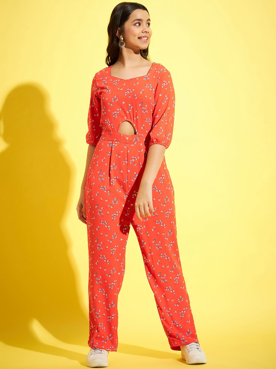 StyleStone Coral Floral Printed Jumpsuit with Belly Cutout
