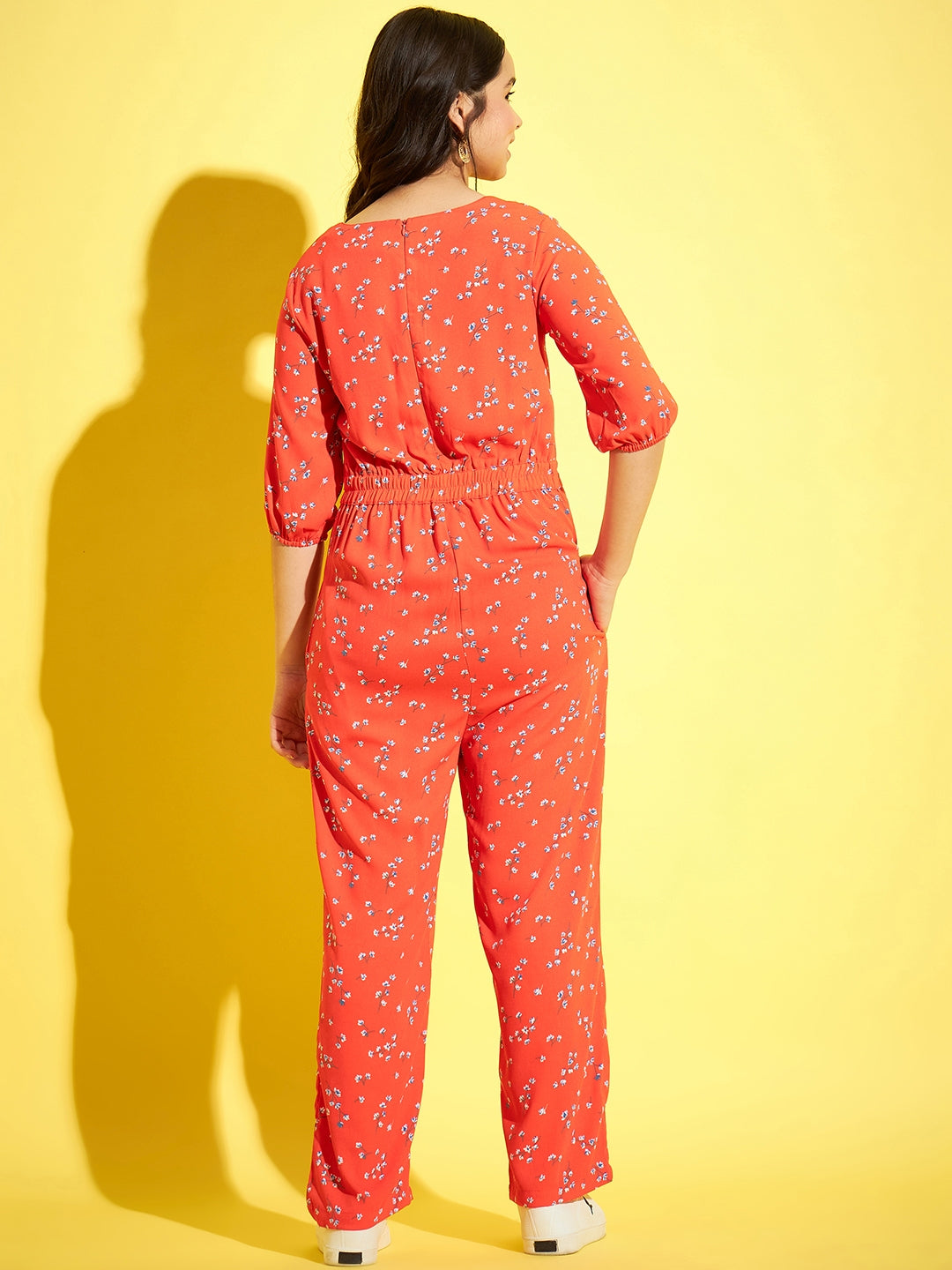 StyleStone Coral Floral Printed Jumpsuit with Belly Cutout